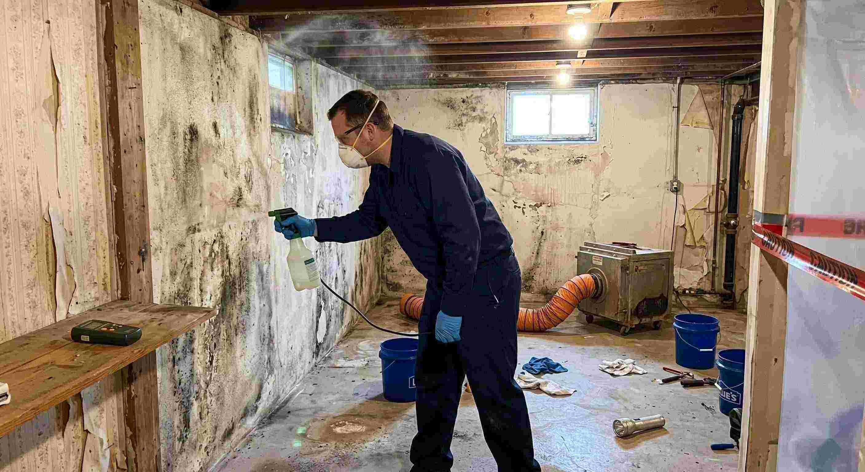 Professional technician performing antimicrobial mold treatment in a damp basement during mold remediation in a home in Wichita.