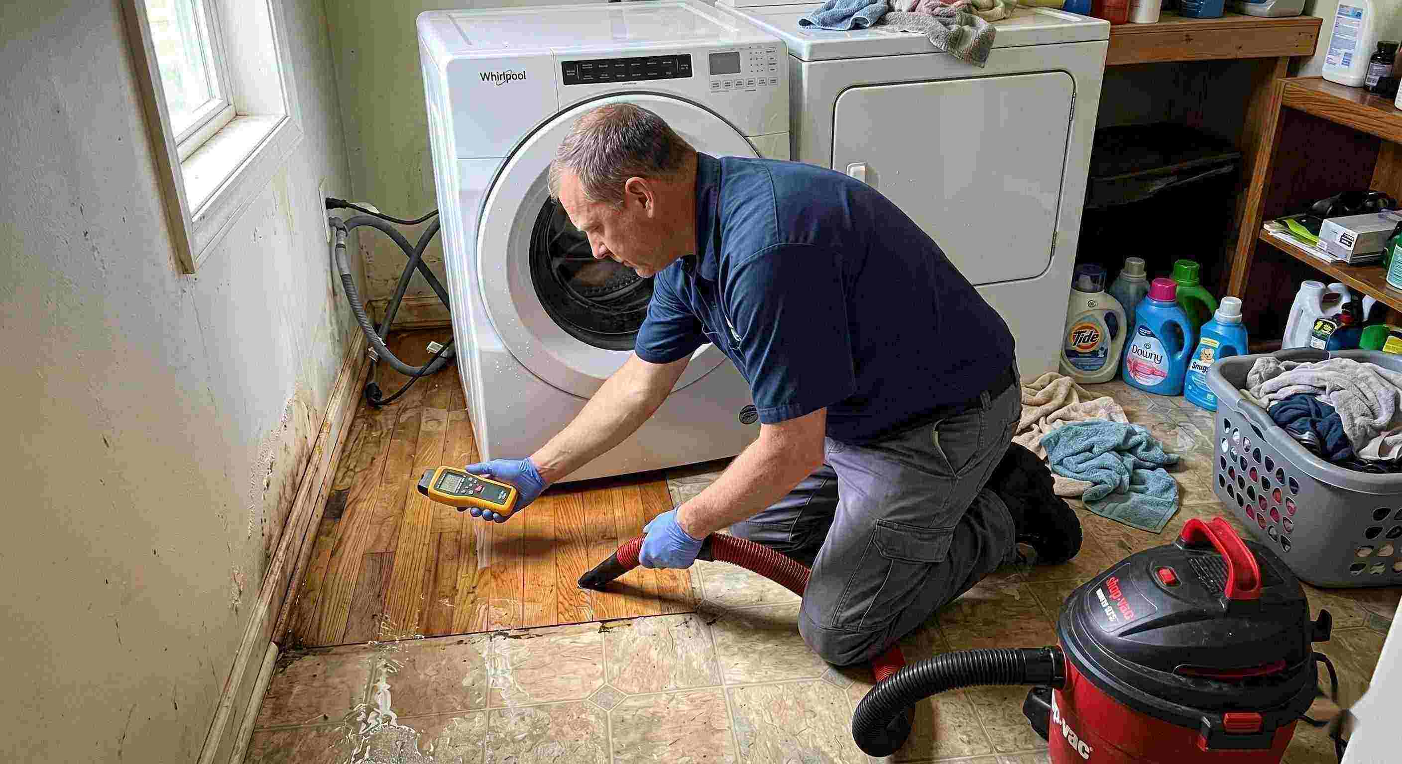 Appliance leak cleanup in a home laundry area with water pooling around the washing machine, showing technicians removing water and inspecting damp floors in Wichita.