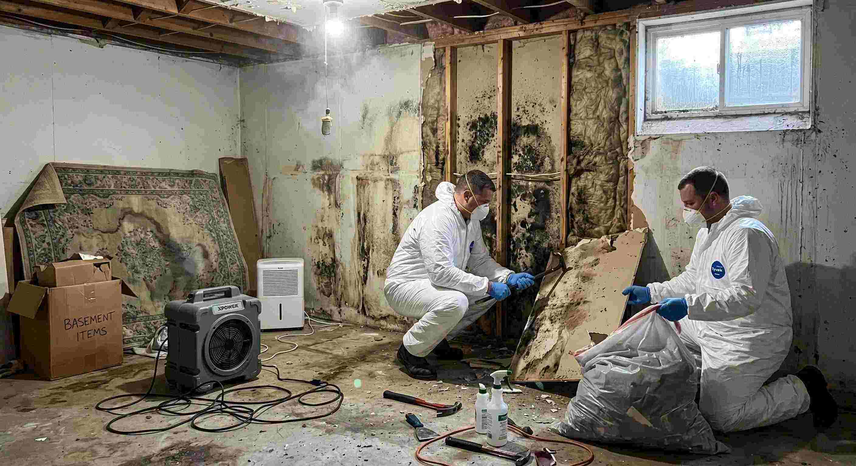 Realistic basement mold removal in a home in Wichita, showing technicians safely removing black mold and using dehumidifiers and HEPA air scrubbers.