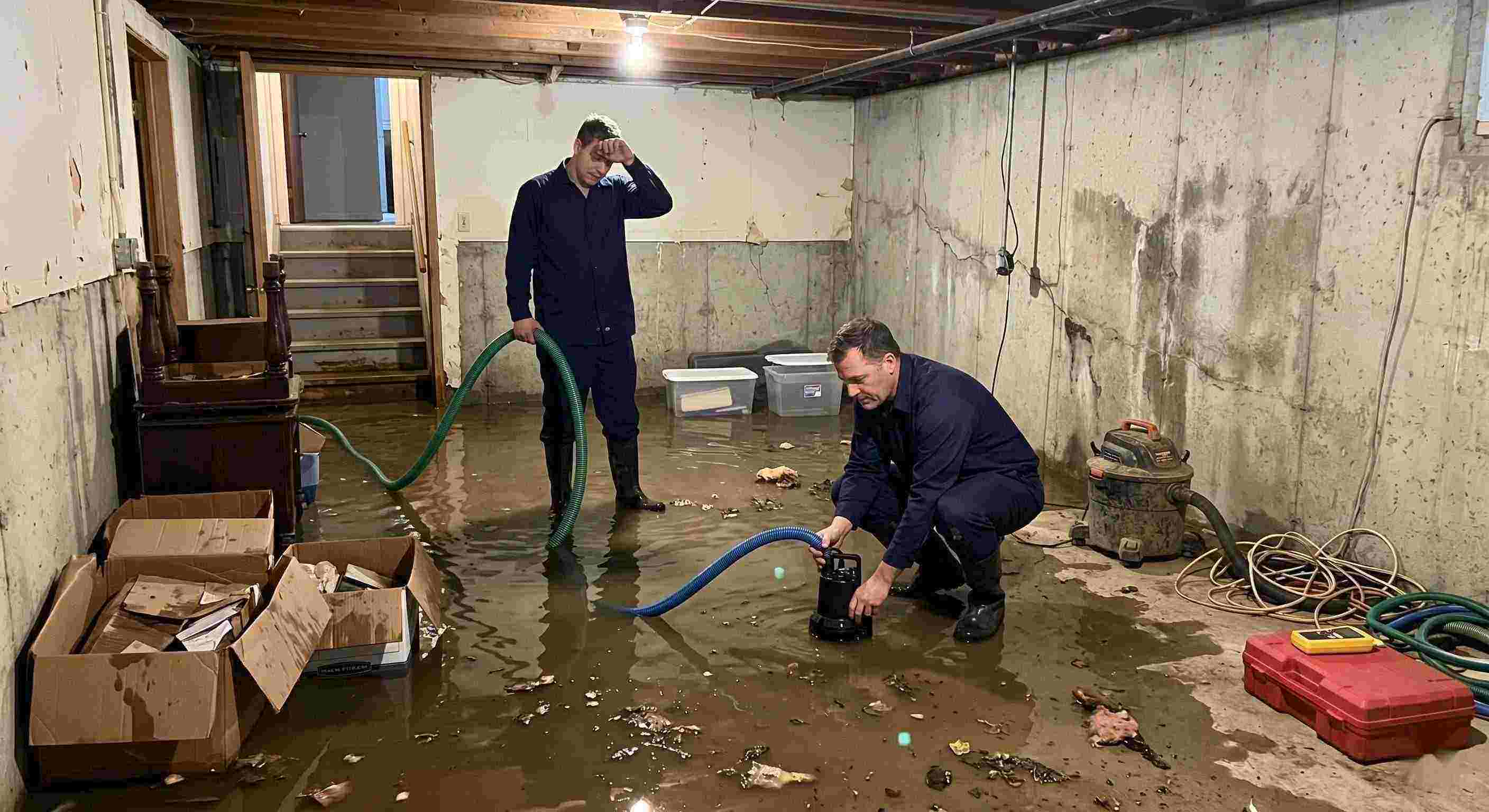 basement water removal service in Wichita with technicians pumping out flooded basement