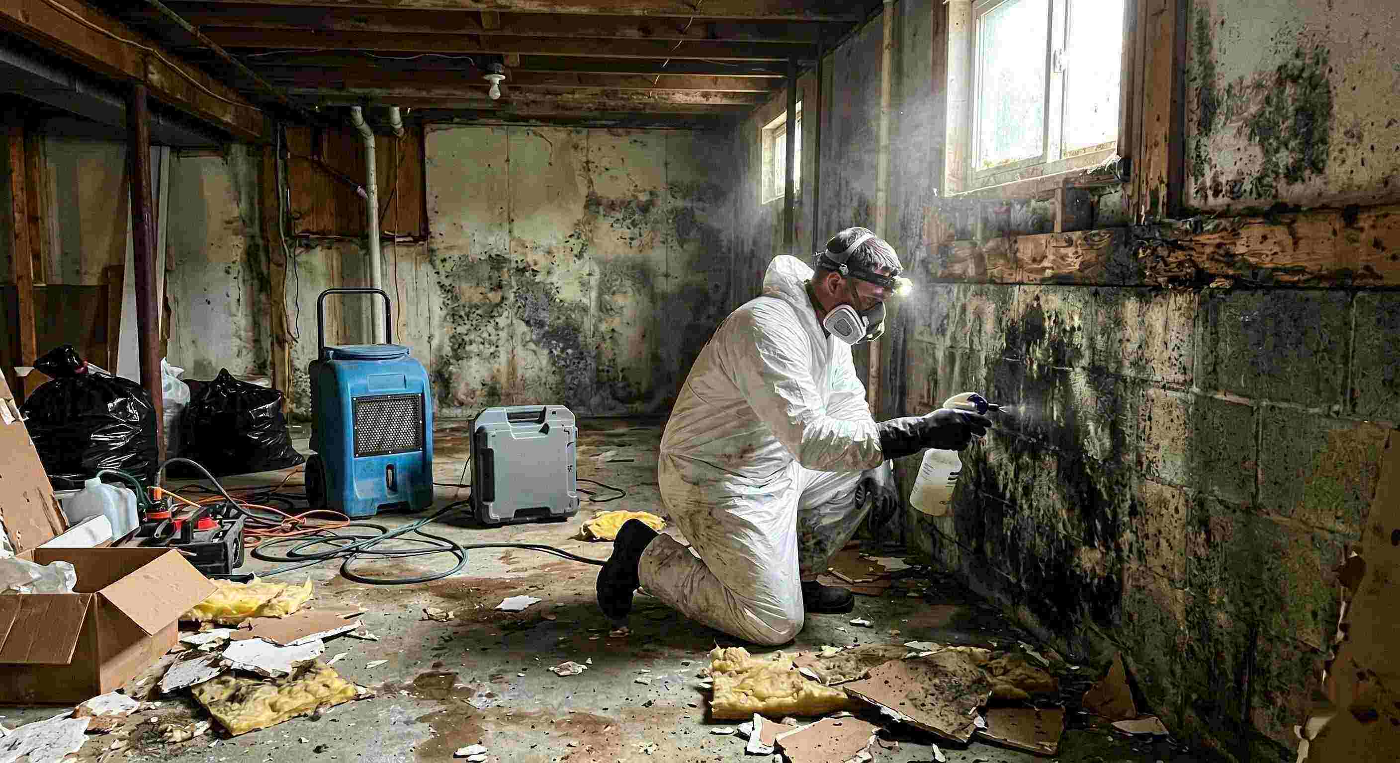 Technician performing black mold cleanup in a damp residential basement in Wichita, showing removed drywall, mold patches, and remediation equipment.