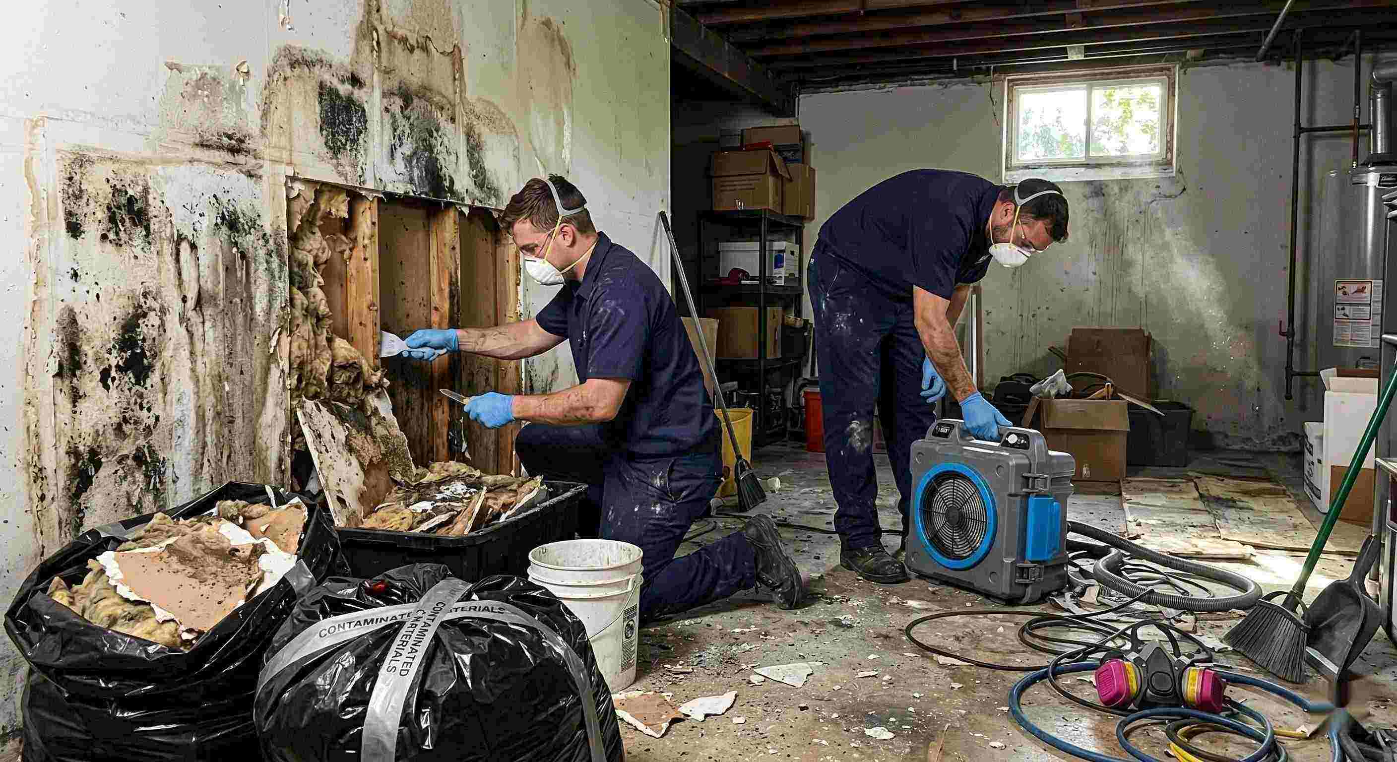 Technicians performing black mold cleanup in a damp residential basement in Wichita, carefully removing contaminated drywall and insulation.