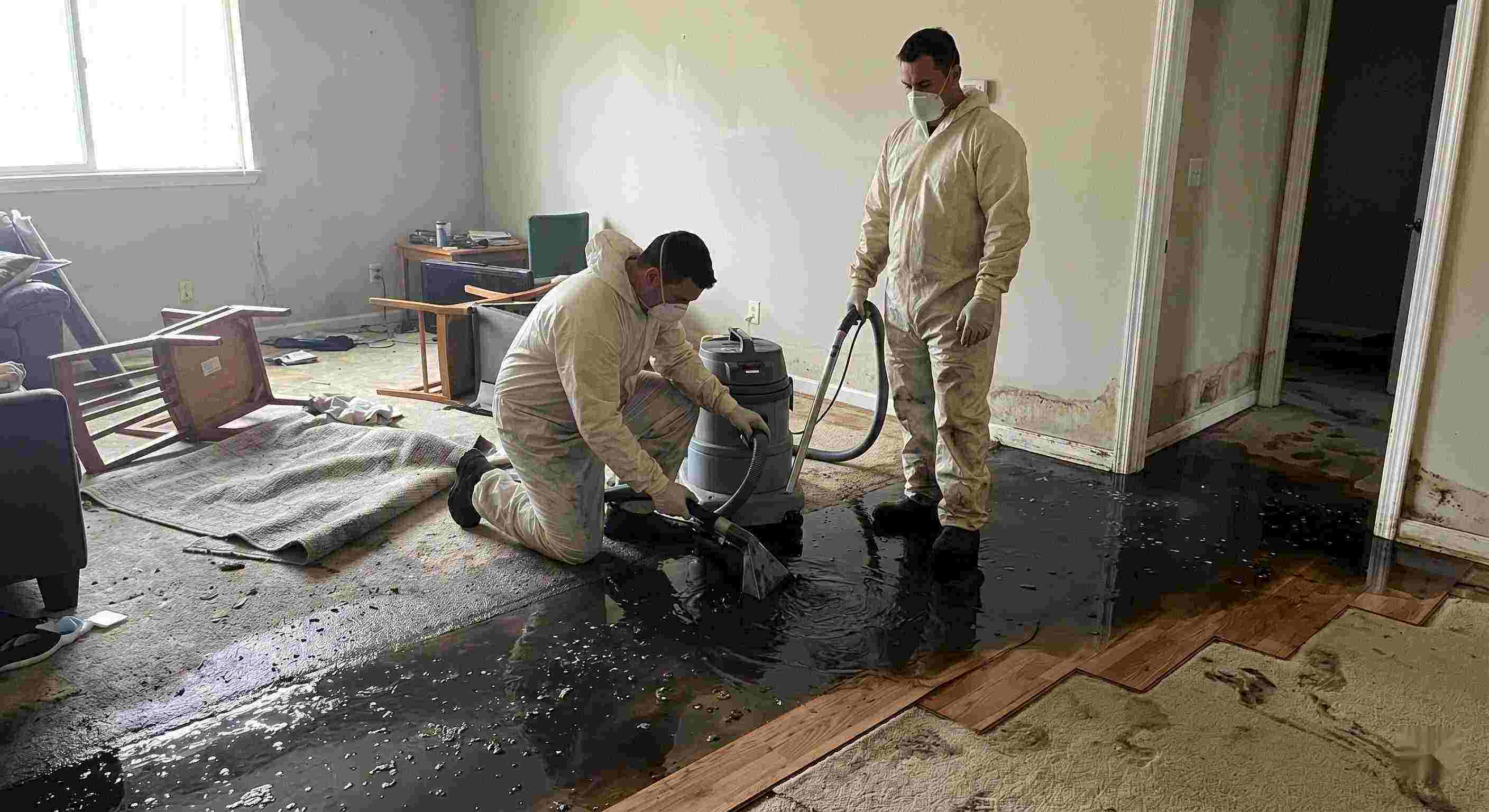 Black water removal service in Wichita showing technicians extracting contaminated sewage water from flooded home interior