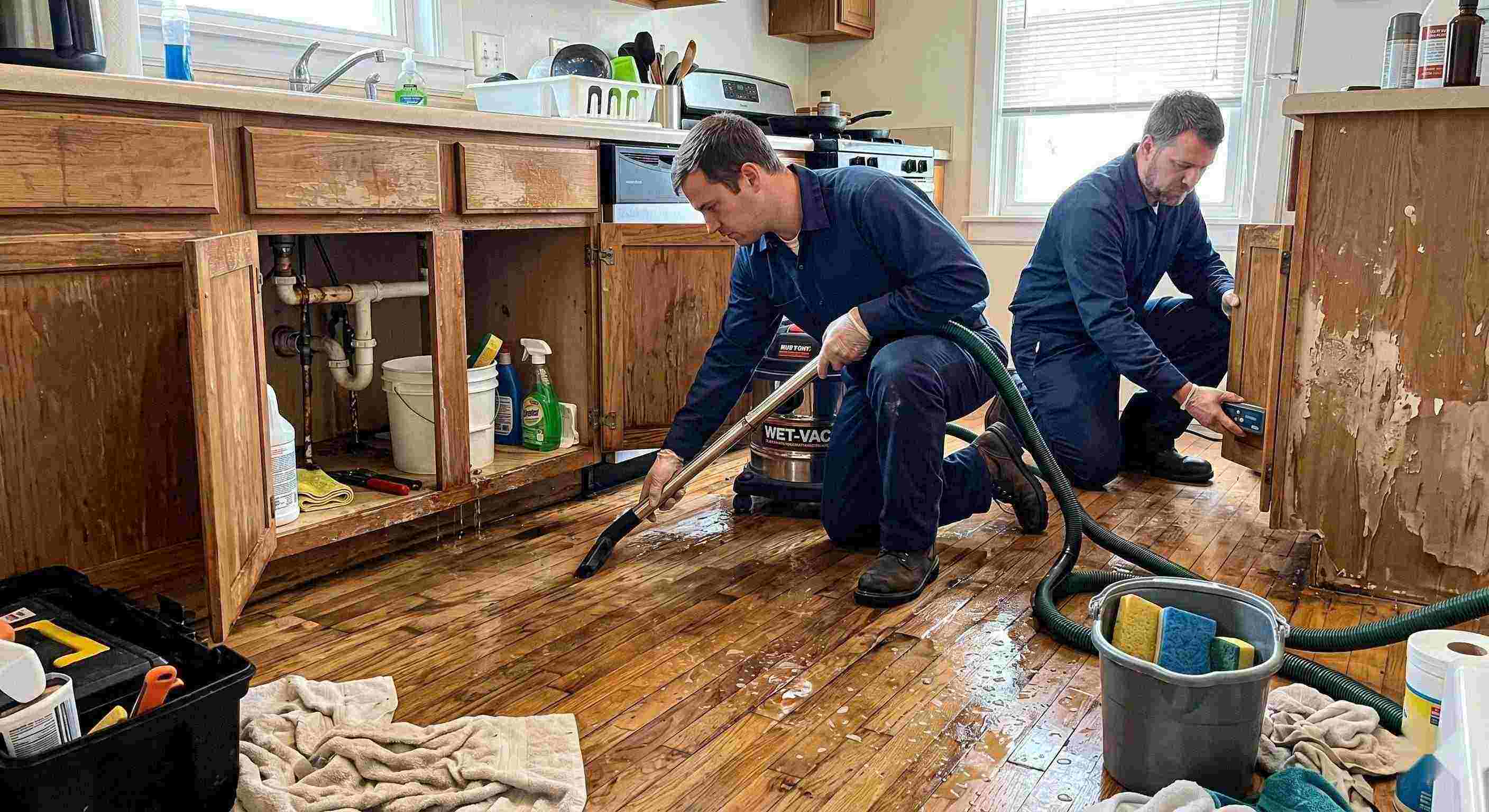 Realistic photo of technicians performing burst pipe water damage cleanup in a home in Wichita, removing standing water and inspecting wet floors and walls.