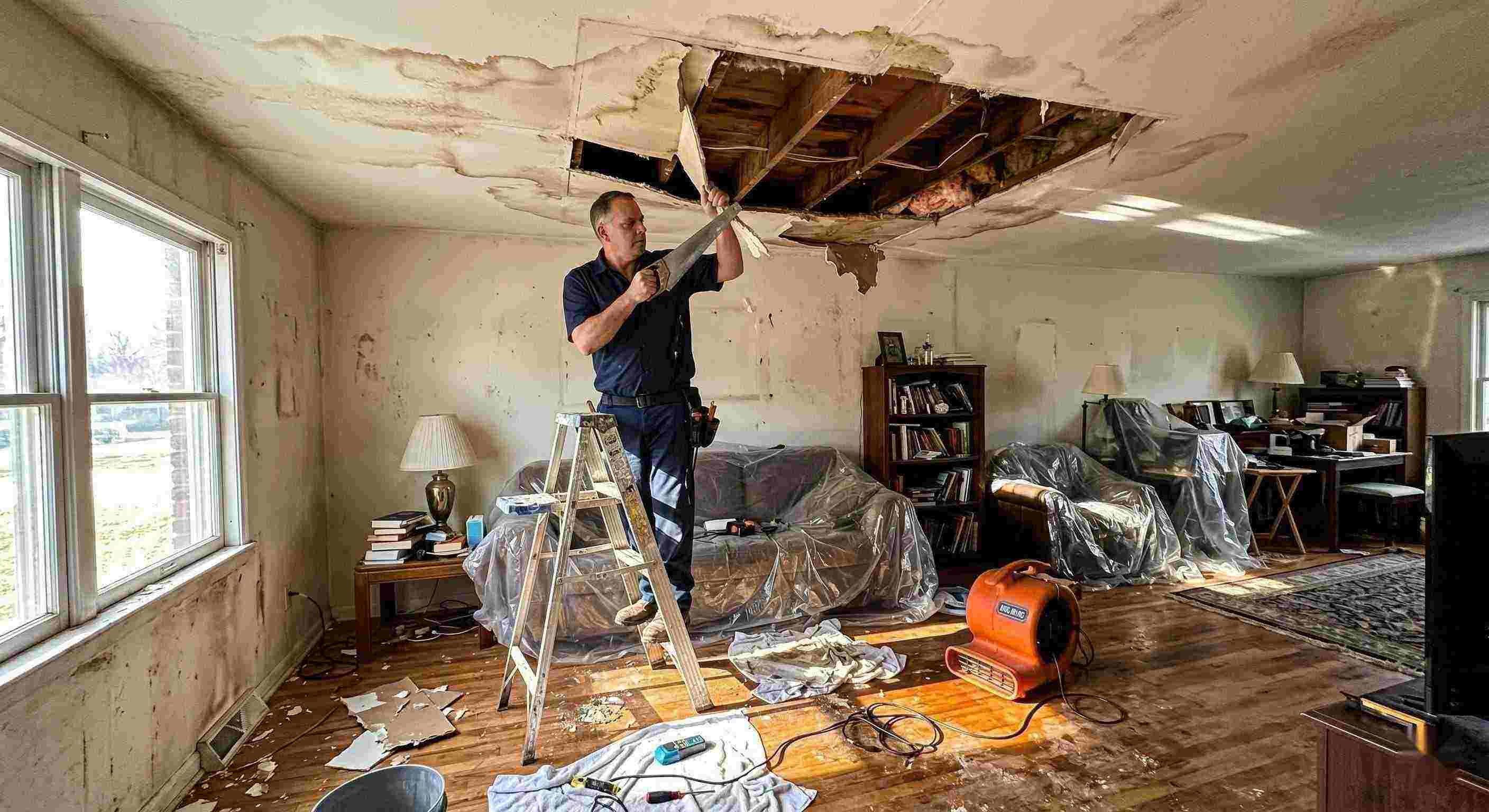 Realistic indoor scene of technicians performing ceiling leak repair in a home in Wichita, showing water-damaged ceiling, tools, and drying equipment.