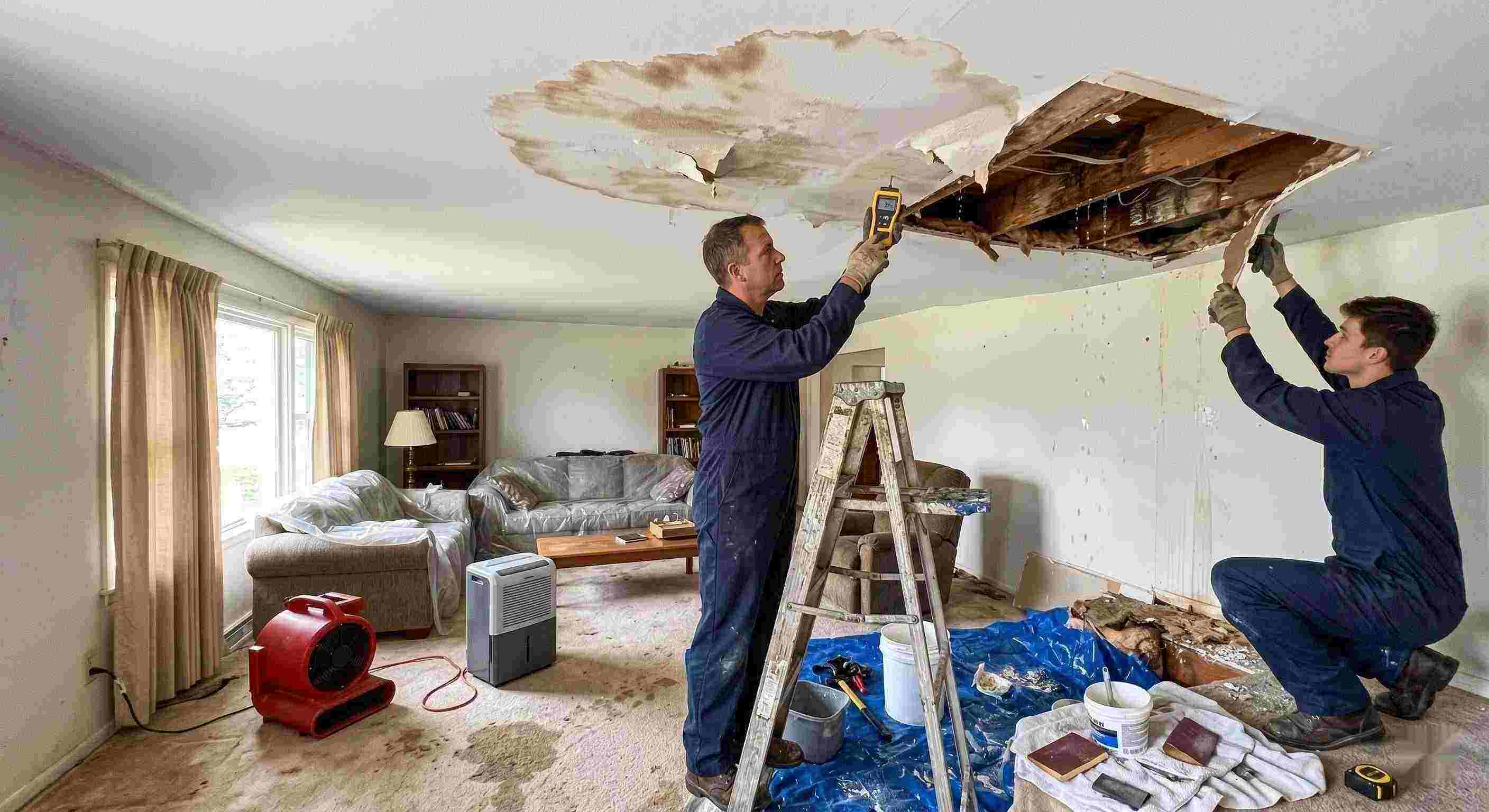 Realistic residential ceiling leak repair scene with technicians using moisture meters and air movers to fix water damage in a home in Wichita.