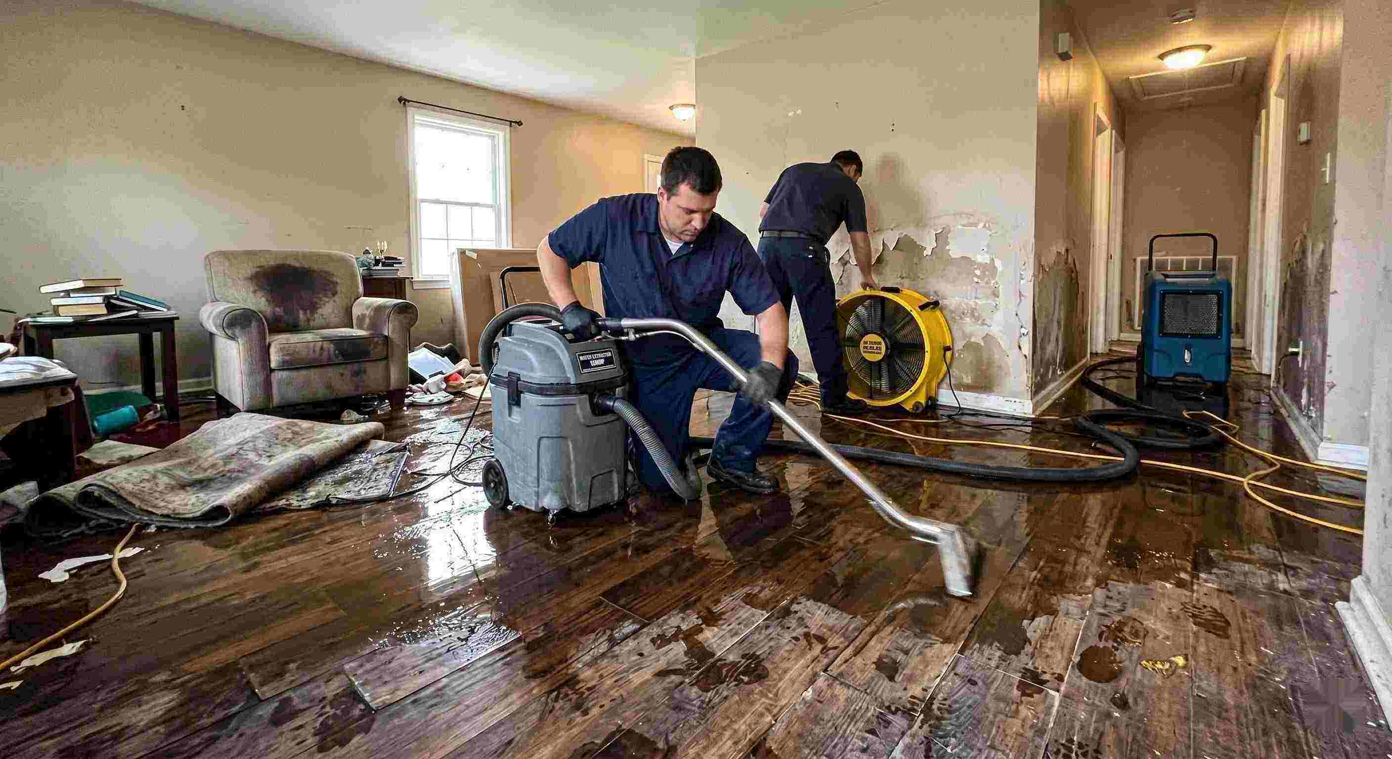 Fast emergency water damage restoration technicians removing water from flooded home in Kansas City