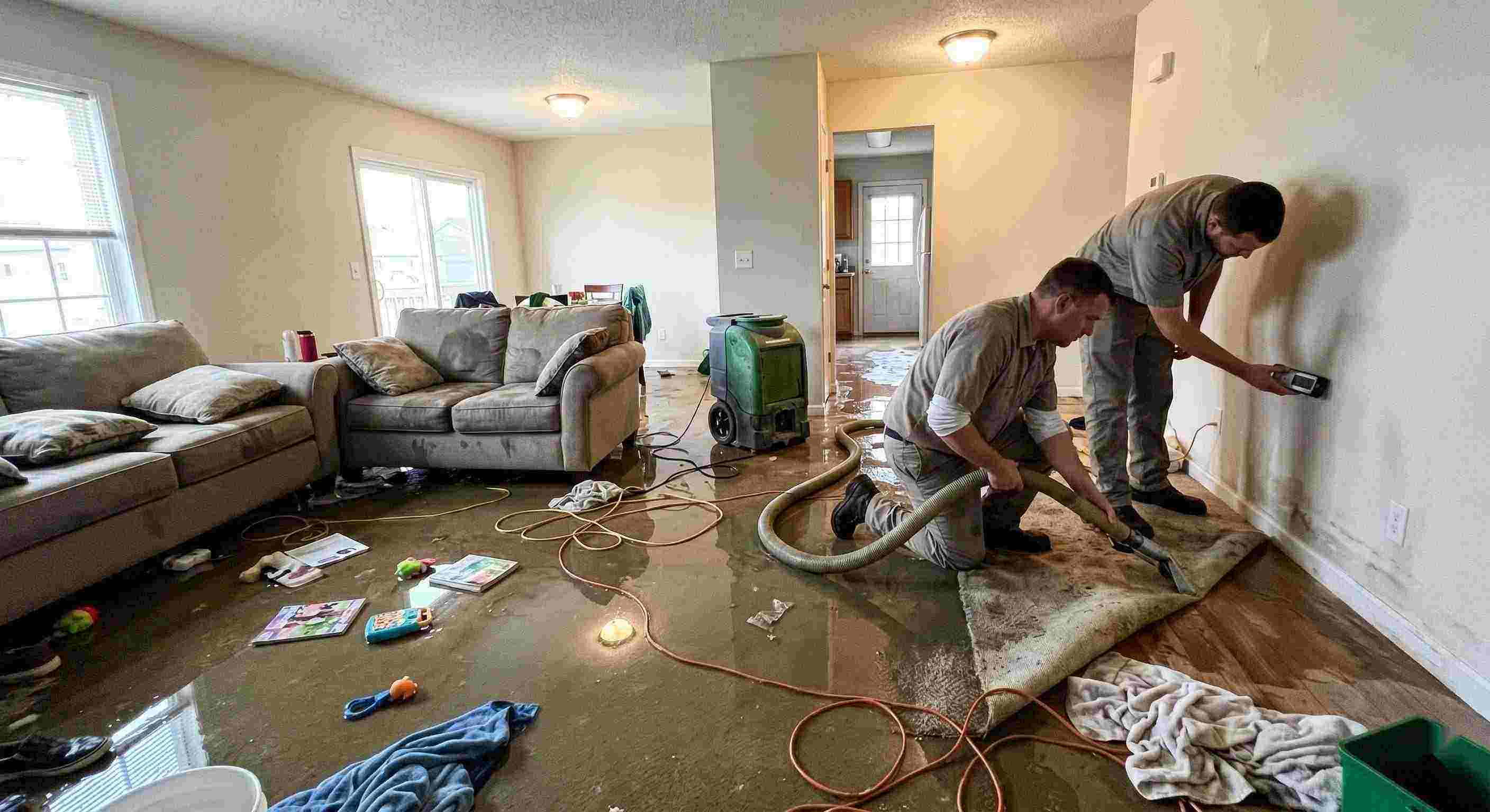 Emergency water removal technicians extracting water from flooded living room in Wichita