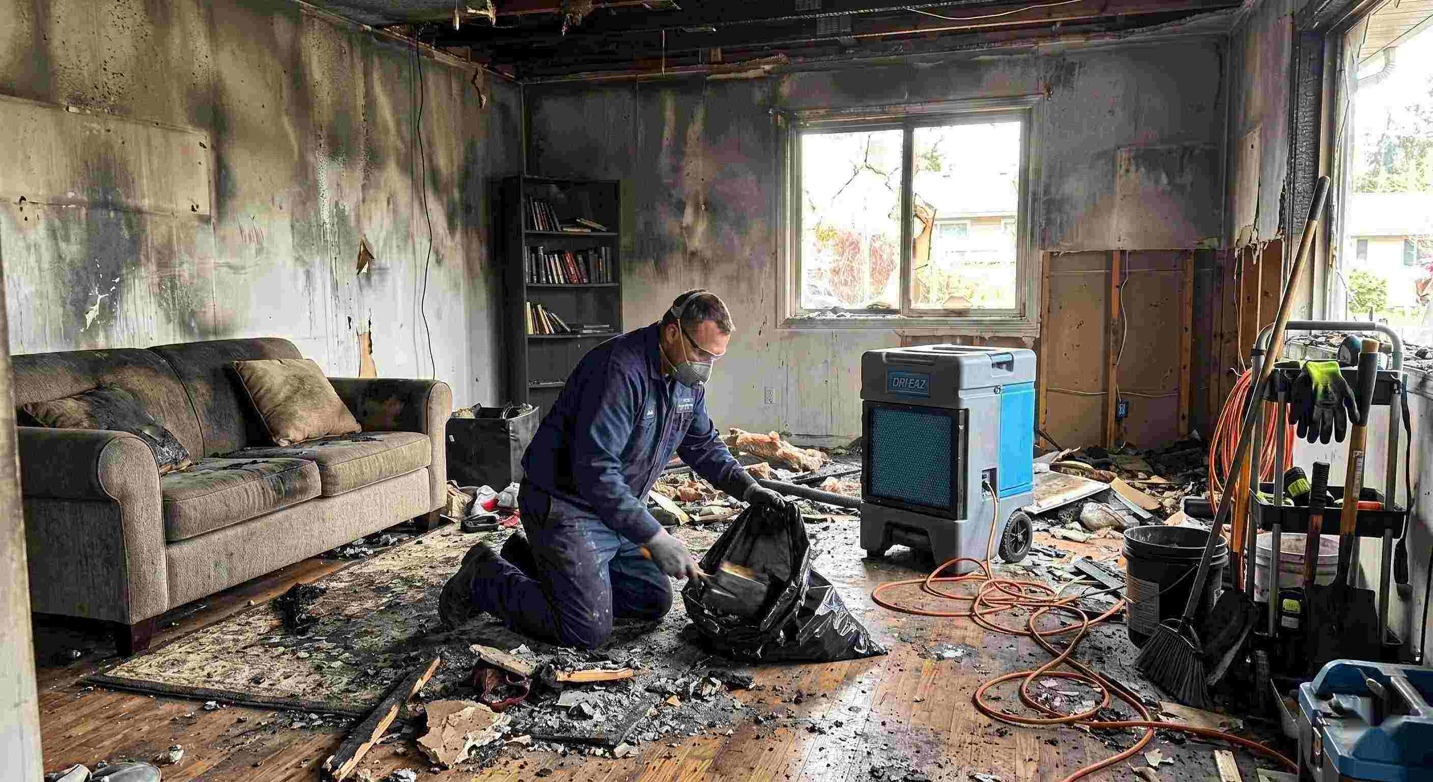 Fire damage cleanup scene with technician removing debris from a home affected by fire in Wichita