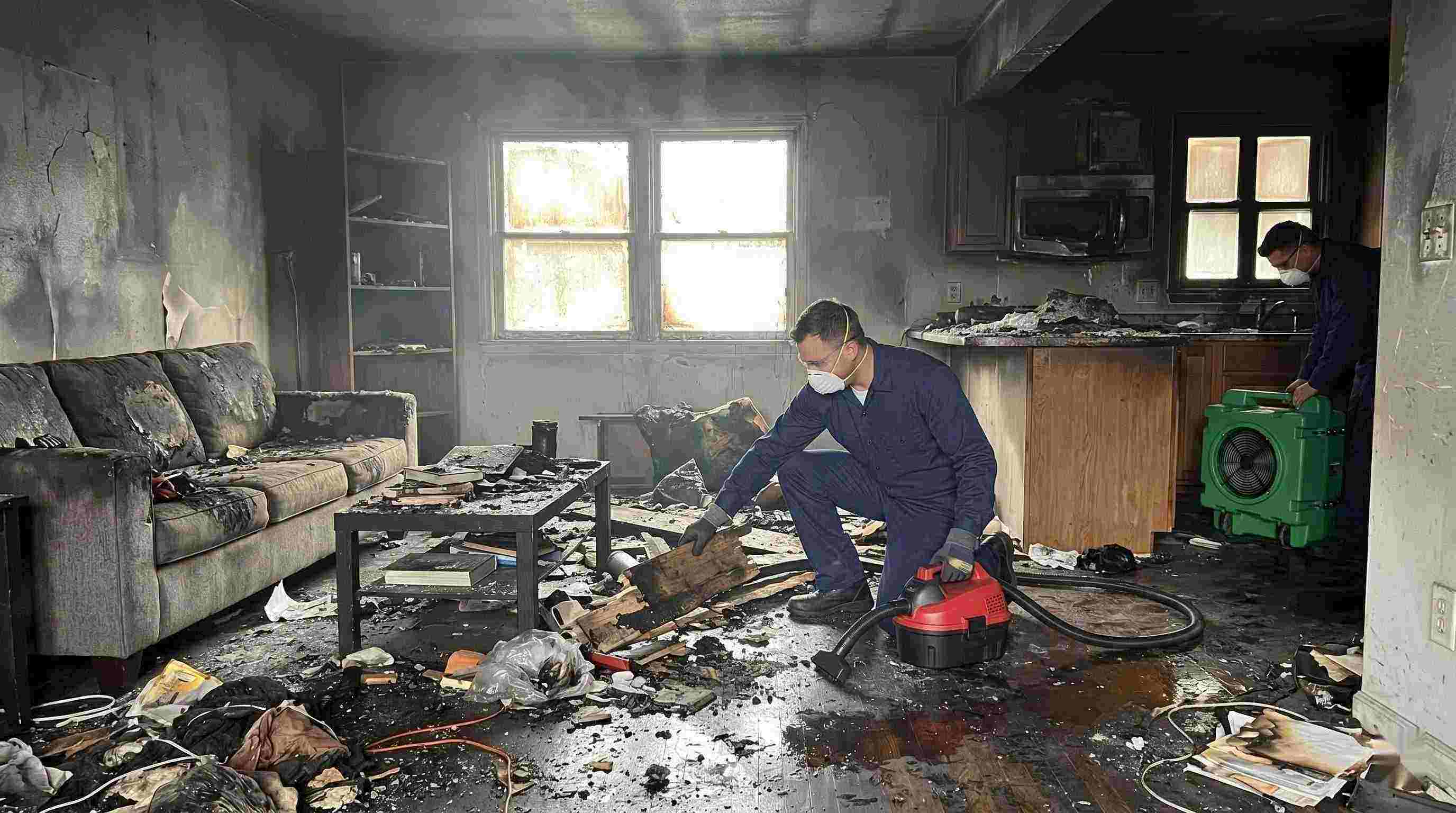 Realistic image showing extensive fire damage in a home with soot, debris, and smoke residue, captured during fire damage restoration in Wichita.