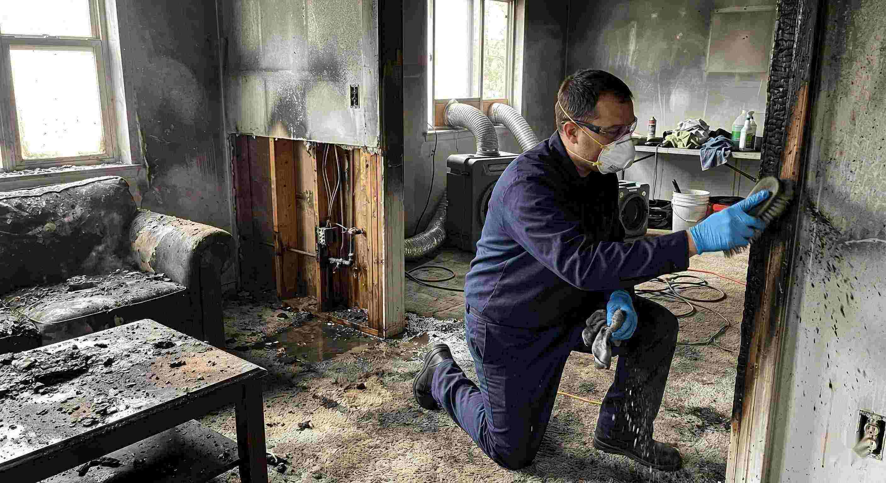 Action shot of a fire damage restoration technician cleaning soot and debris in a home damaged by fire in Wichita