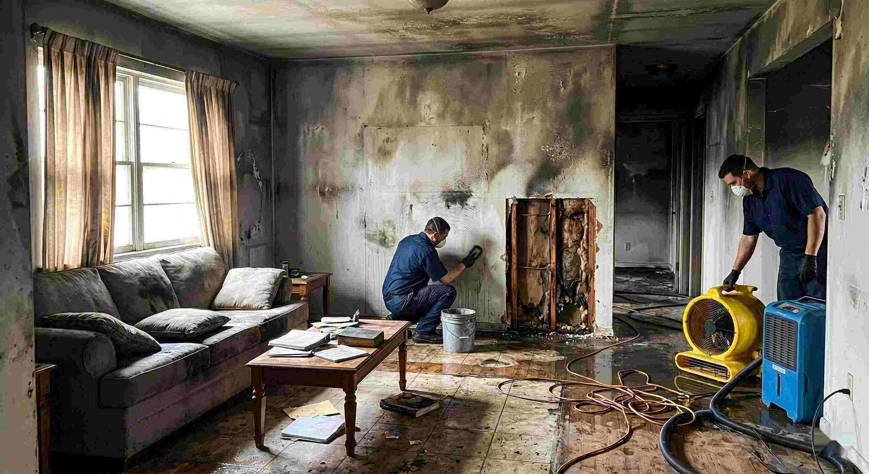 Reliable fire damage restoration cleanup with technicians removing soot and drying water damage in home Kansas City