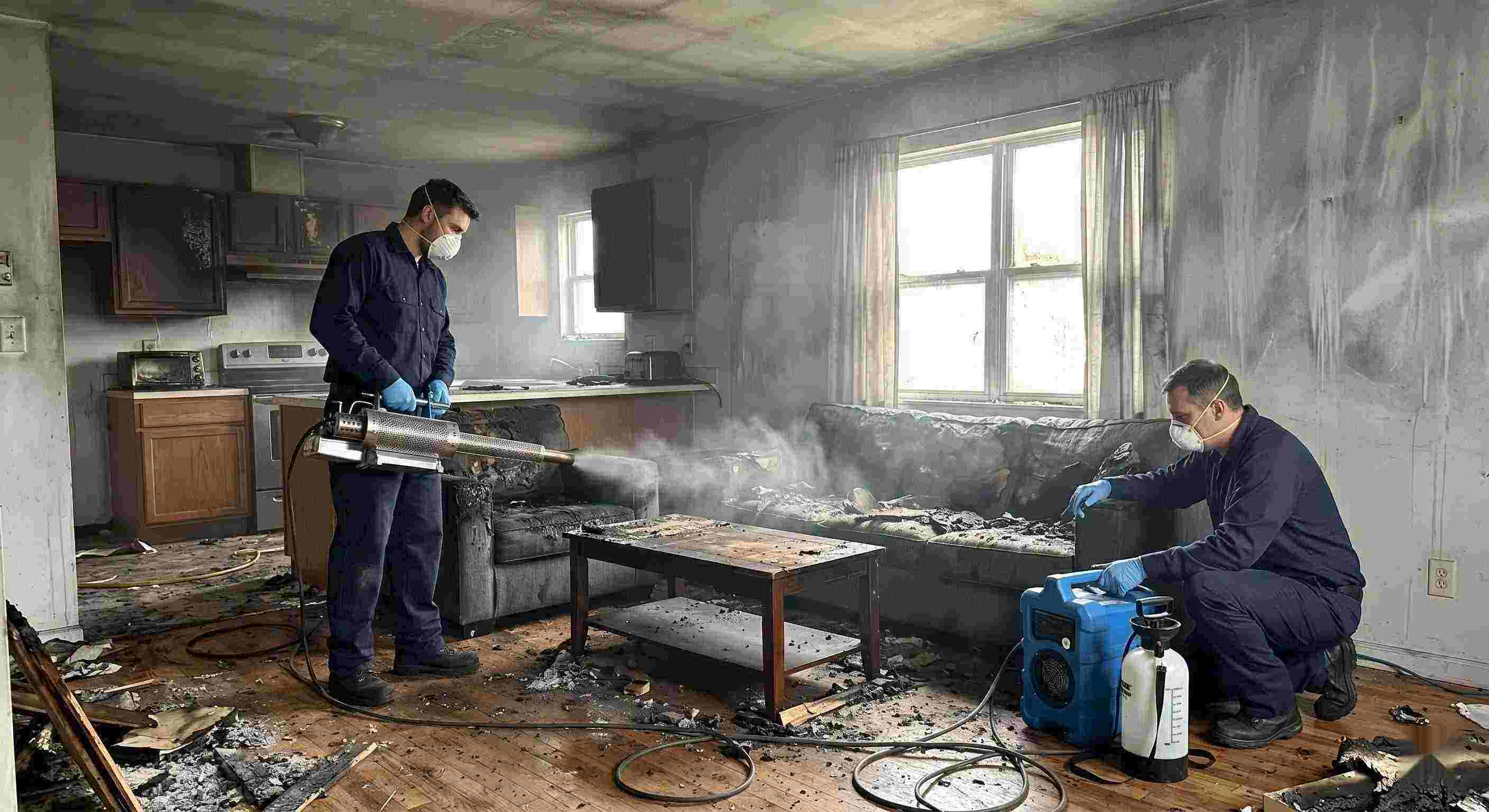 Fire odor removal service in a home showing technicians using thermal fogging equipment to eliminate smoke and soot odors in Wichita.