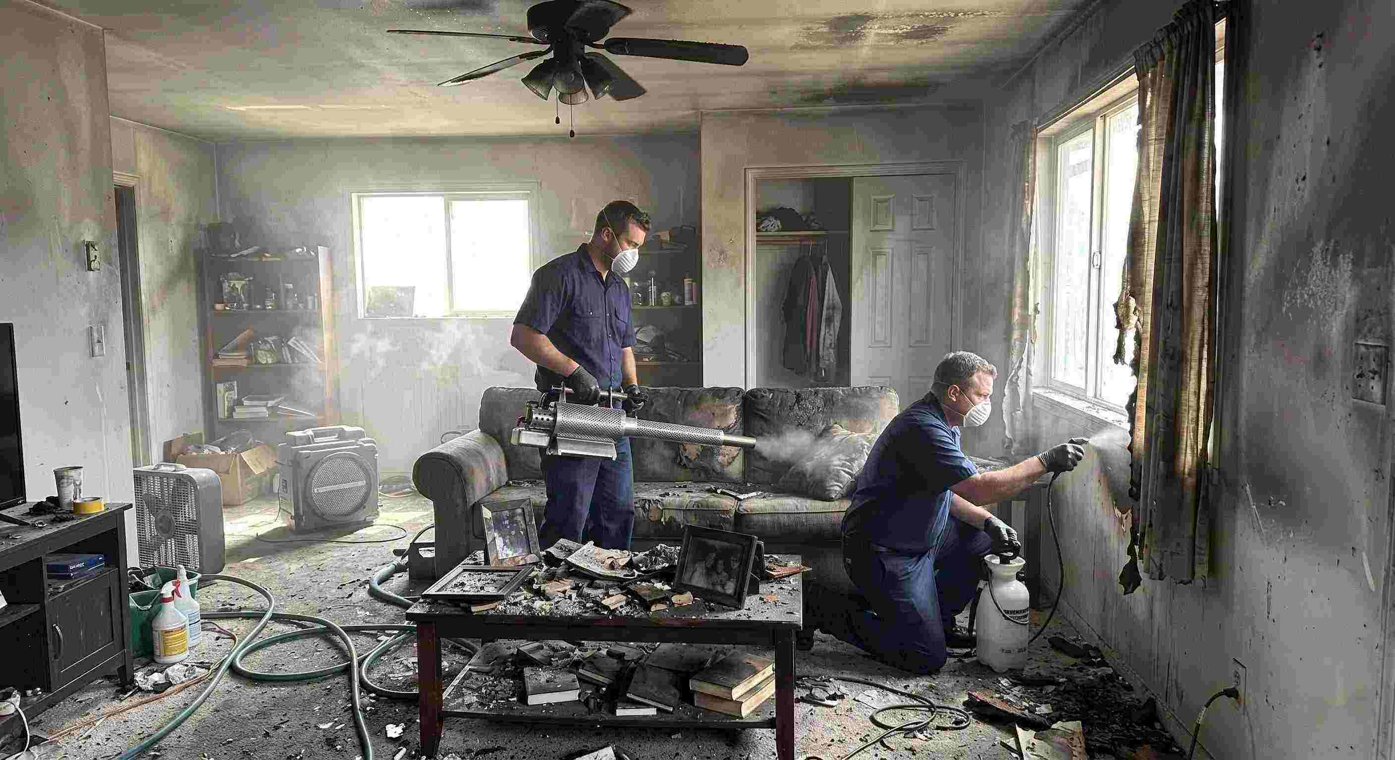 Fire damage restoration technicians removing smoke odors from a soot-stained home in Wichita, using thermal fogging and odor neutralization.