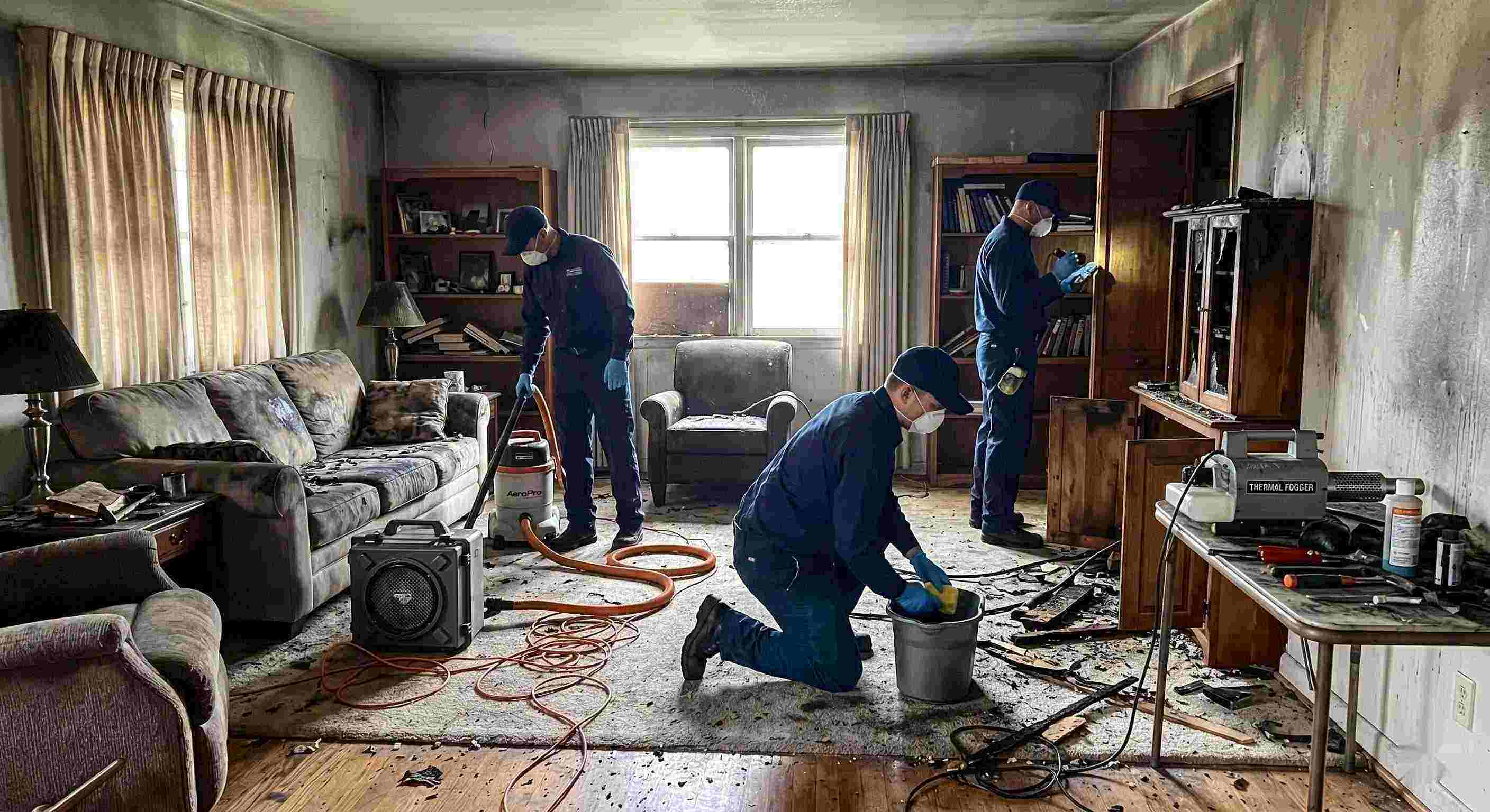 Photo of a fire restoration team using professional equipment to clean soot and smoke damage in a Wichita home, emphasizing trust and hands-on expertise.