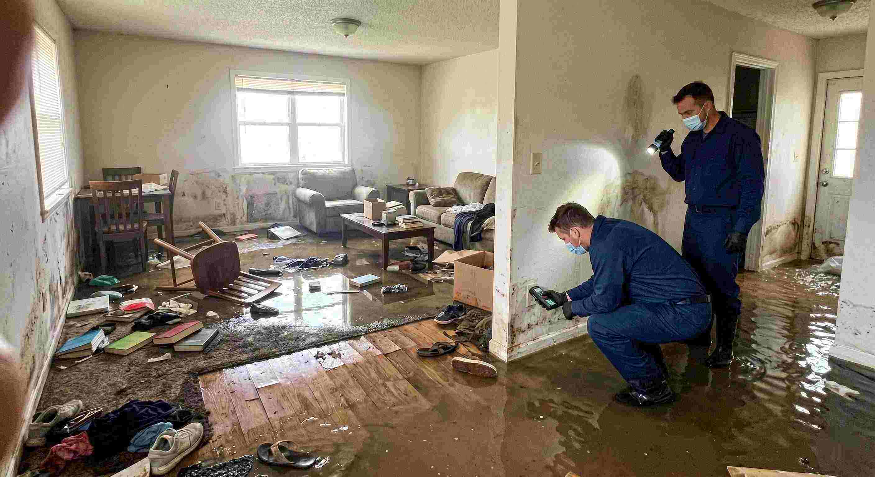 Severe home flooding with waterlogged floors, damaged furniture, and generic technician assessing the damage in Wichita