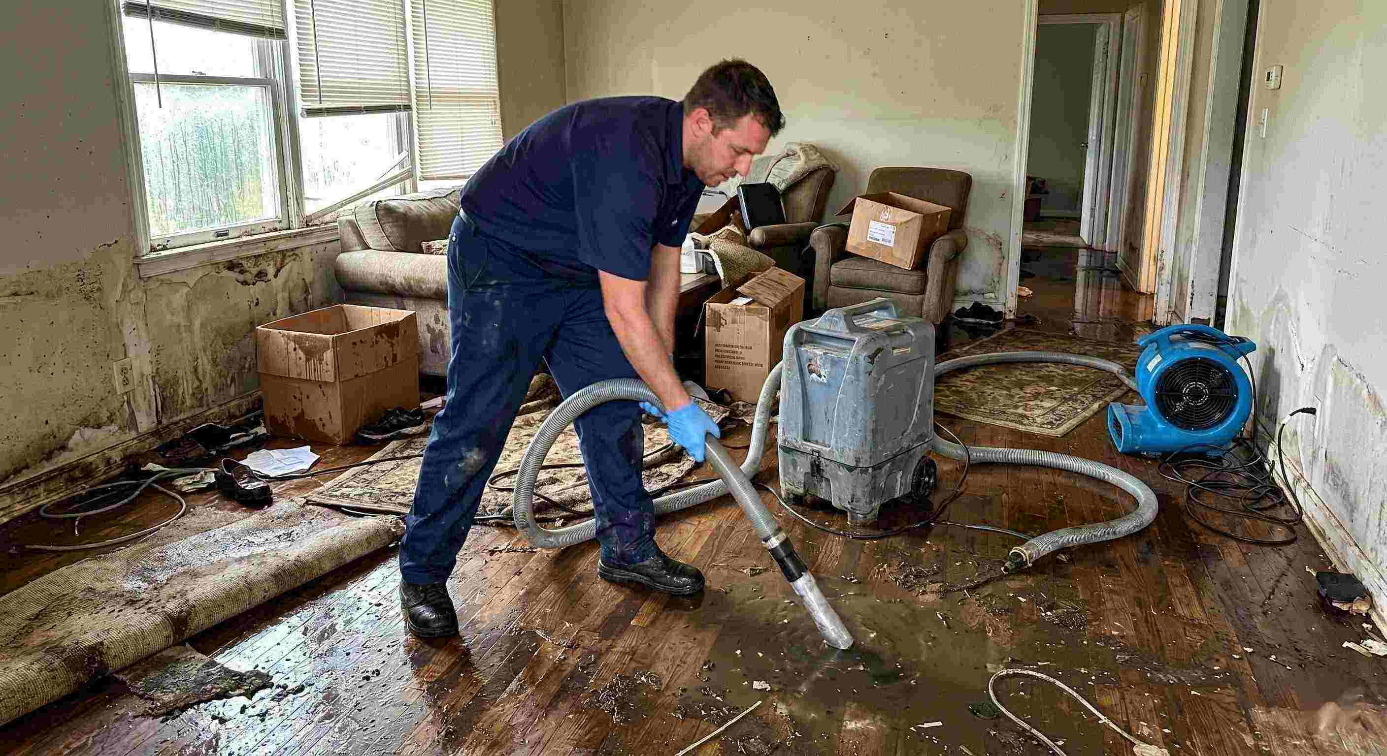 Action shot of a flood damage restoration technician removing standing water in a flooded home during the restoration process in Wichita.