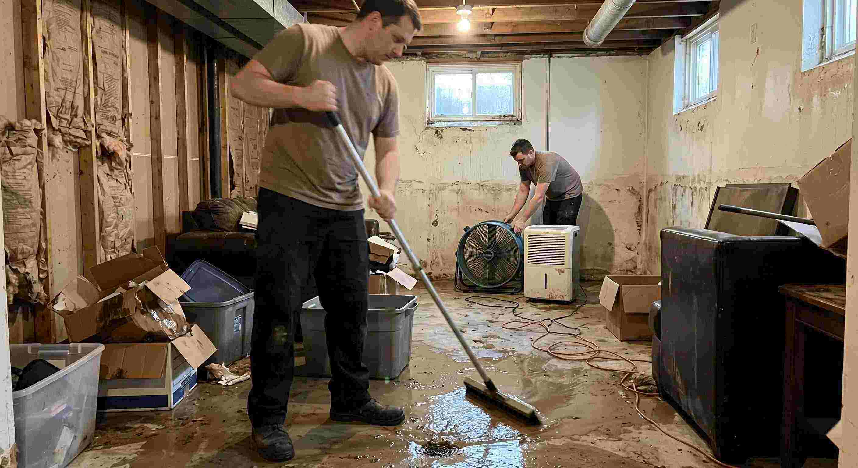 Professional flood and storm damage cleanup in a residential basement with standing water removal and drying equipment in Kansas City