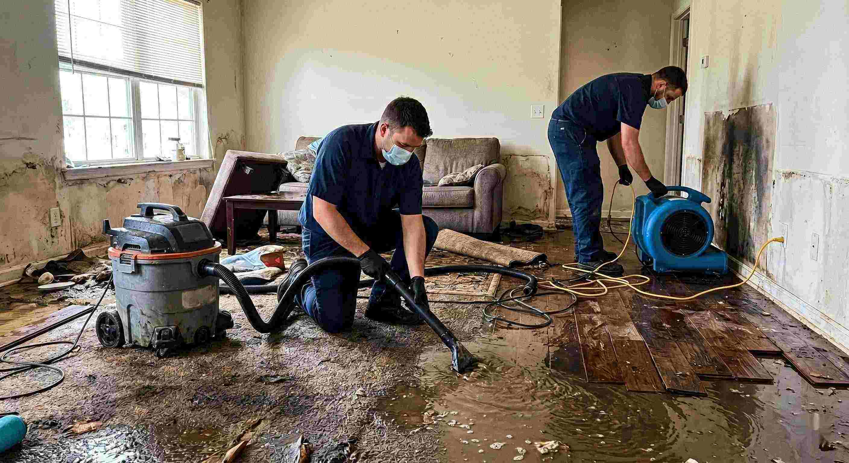Flood water removal service in a residential home showing technicians extracting standing water and setting up drying equipment in Wichita