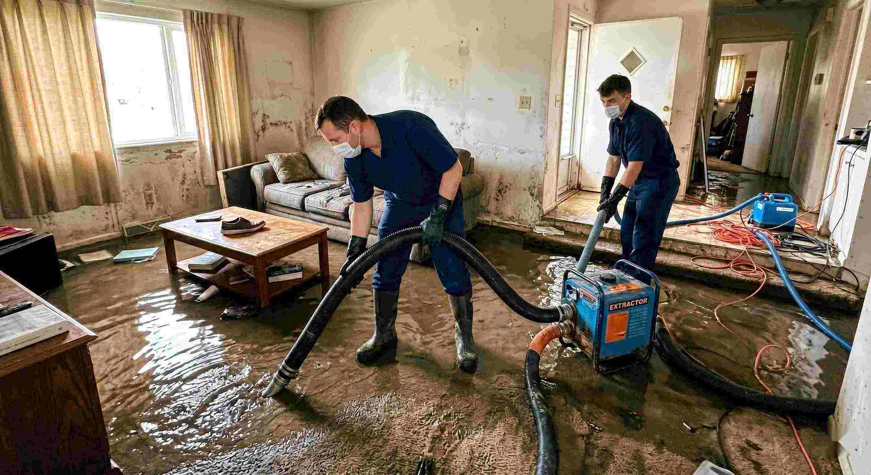 Realistic flood water removal inside a home with technicians using pumps and hoses to extract standing water during flood damage restoration in Wichita.