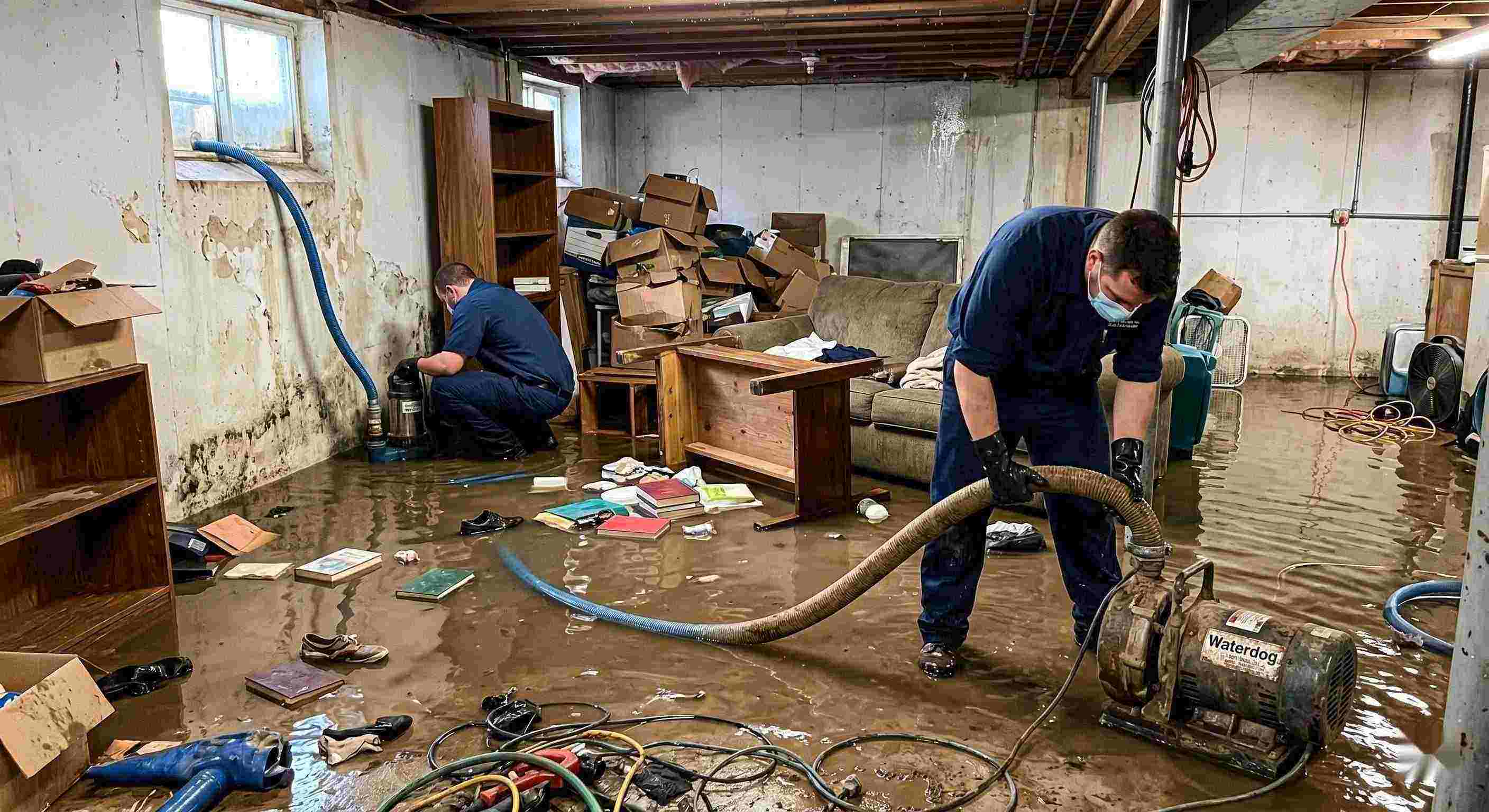 Realistic photo of a flooded basement cleanup with restoration technicians removing standing water in a home in Wichita