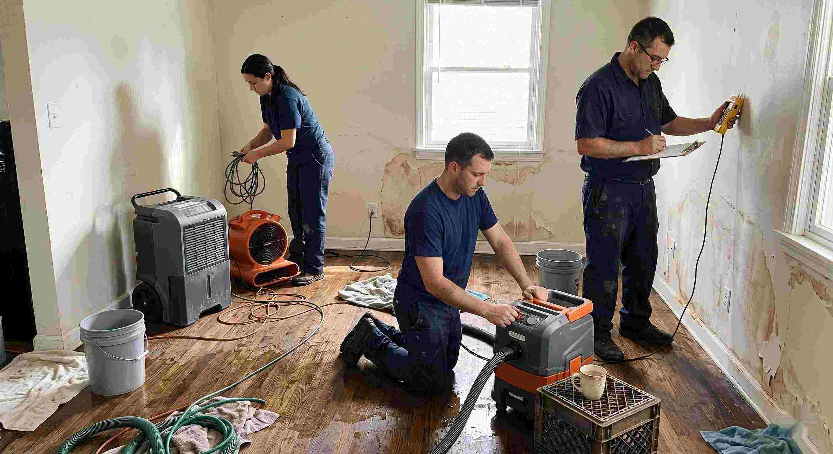 Local leak damage restoration team working with professional equipment to repair water-damaged home in Wichita.