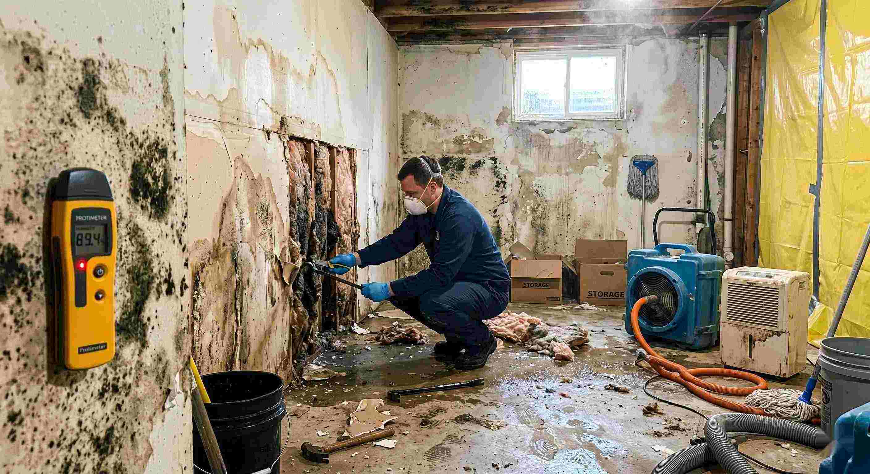 Professional mold after water damage cleanup in a residential home, showing a technician removing water-damaged drywall and treating mold in a damp basement in Wichita.