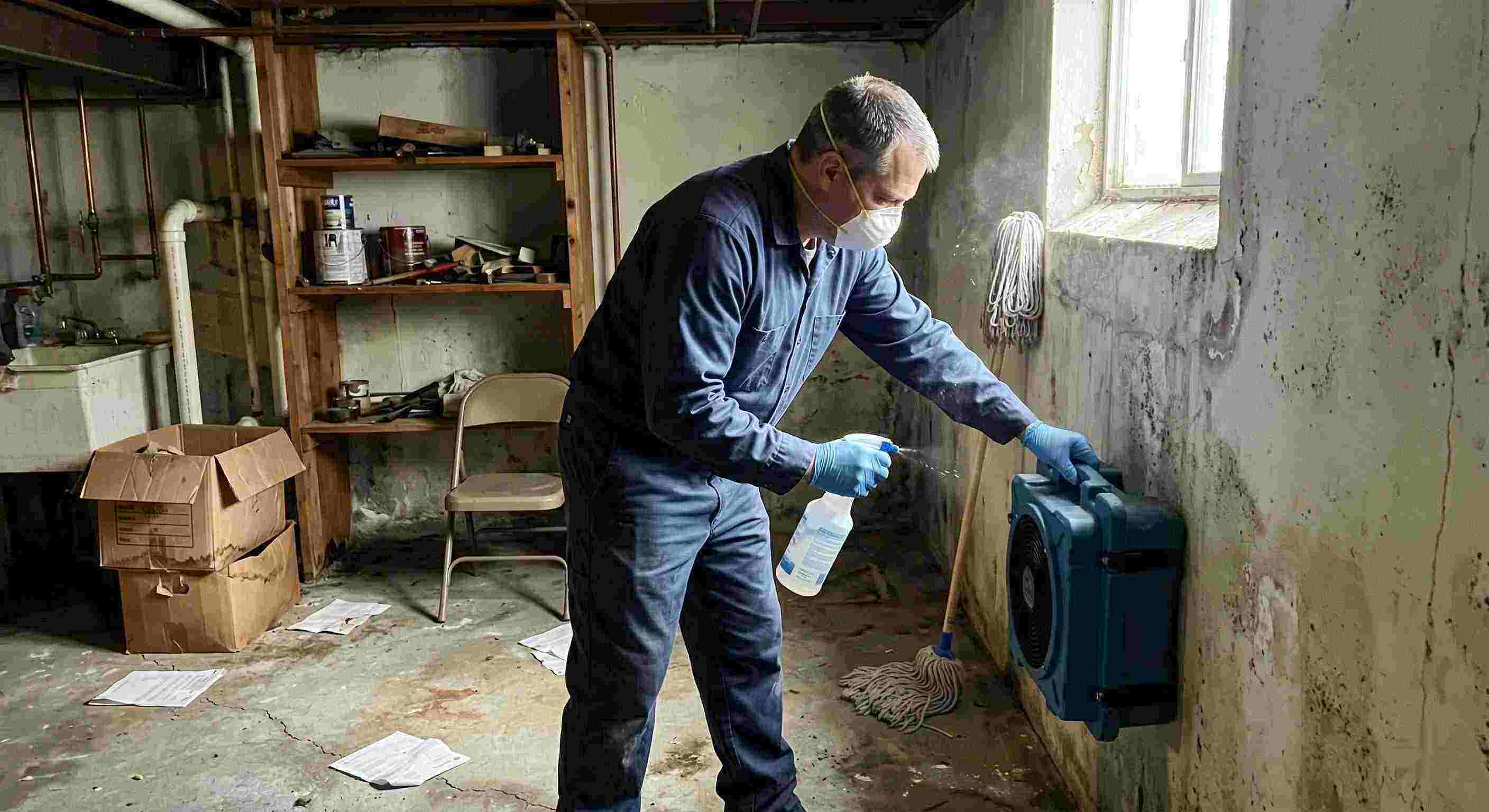 Technician performing mold odor removal in a basement, using HEPA air scrubber and antimicrobial spray, preventing mold growth in a Wichita home.