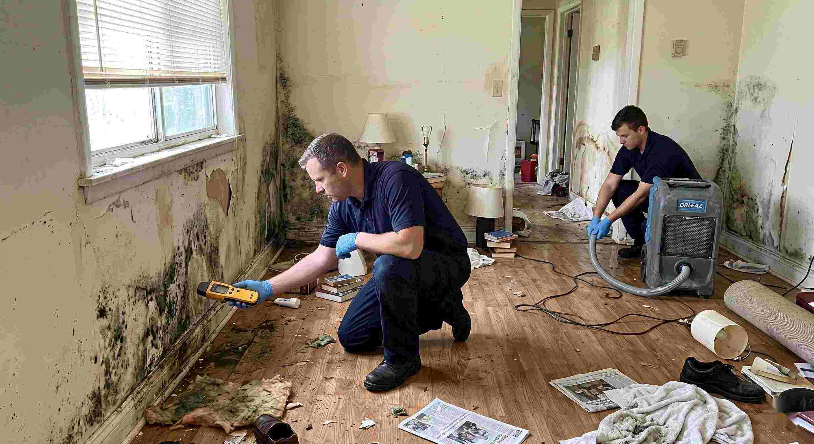 Realistic photo showing mold damage and water-affected walls in a home during mold remediation in Wichita, with technicians inspecting and controlling moisture.