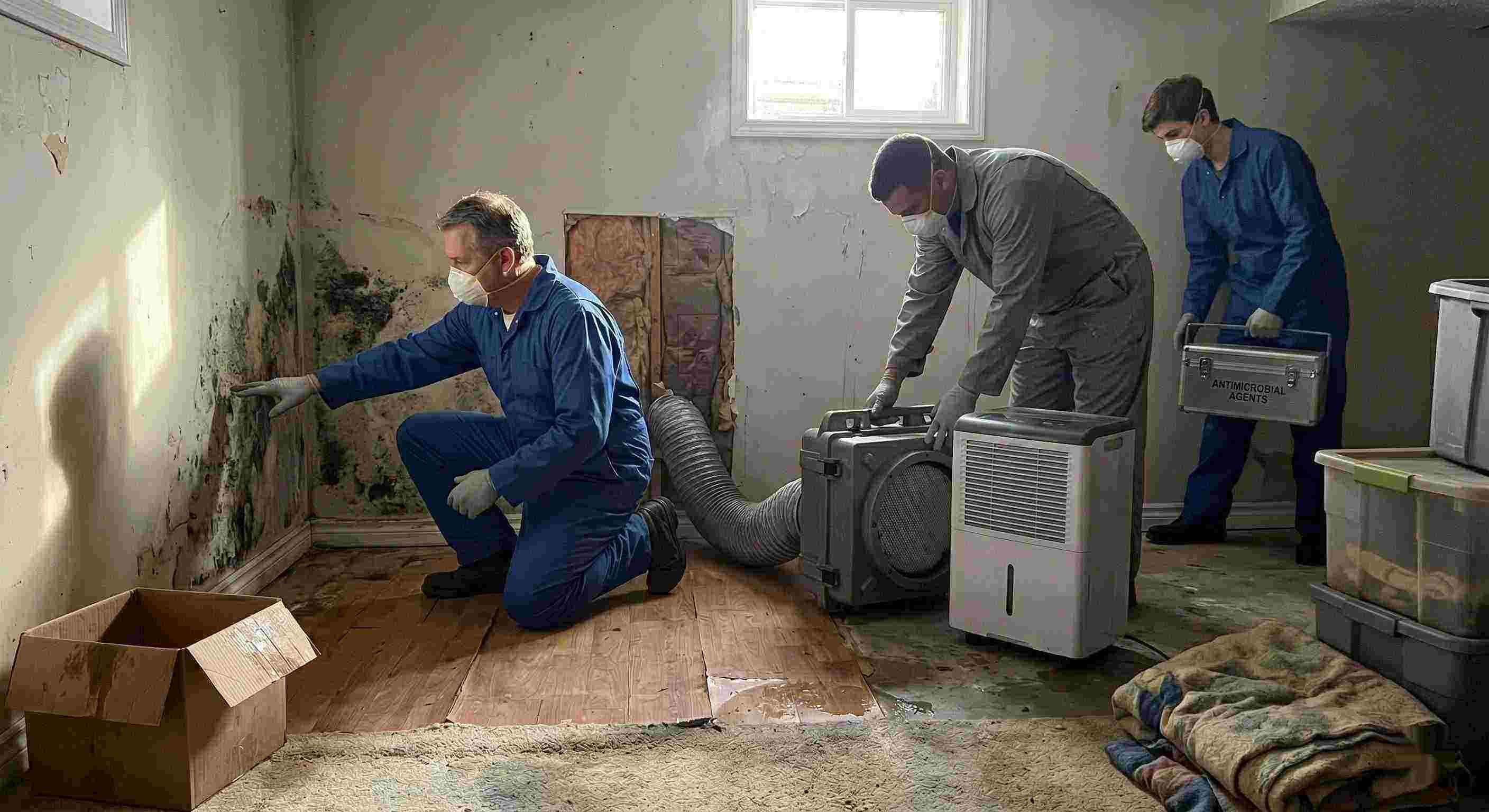 Residential mold remediation team performing inspection and cleanup with dehumidifiers and HEPA filters, showing professional team and equipment in a Wichita home.