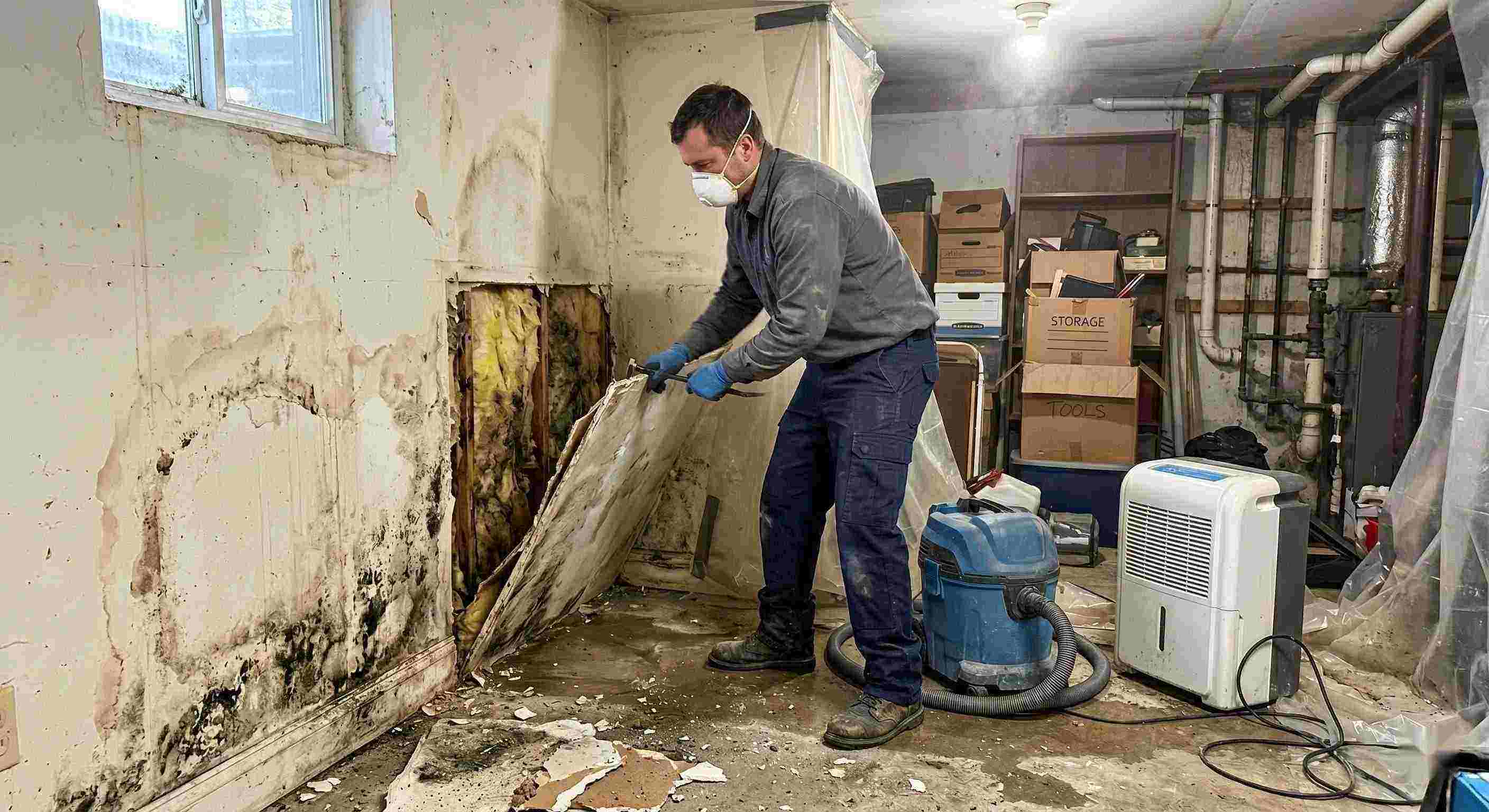 Action shot of a mold remediation technician removing damaged drywall and treating mold in a home basement in Wichita, showing realistic textures, dust, and water damage.