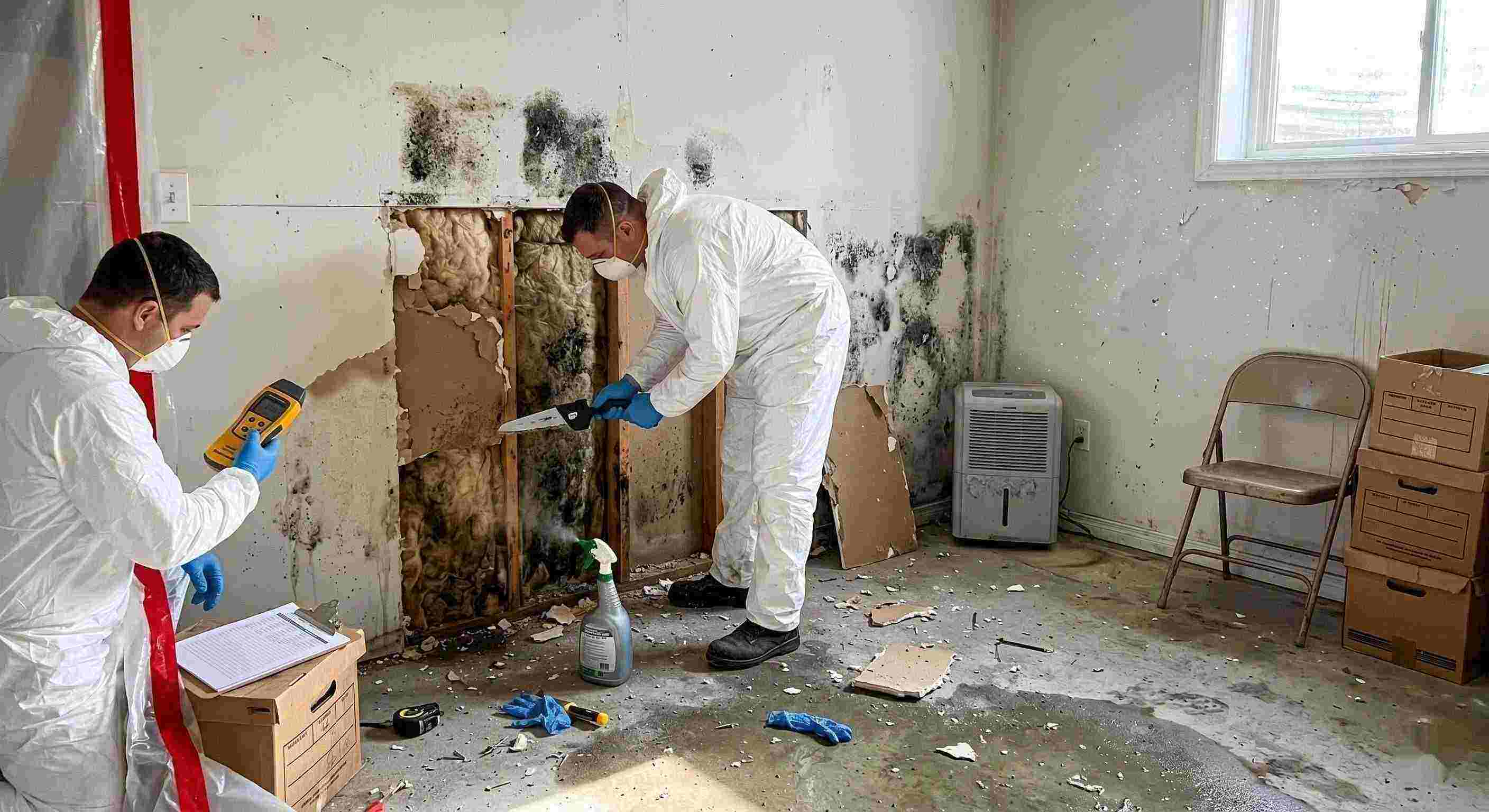 Professional mold removal service in a residential home, showing technicians removing black mold and moisture-damaged drywall in Wichita.