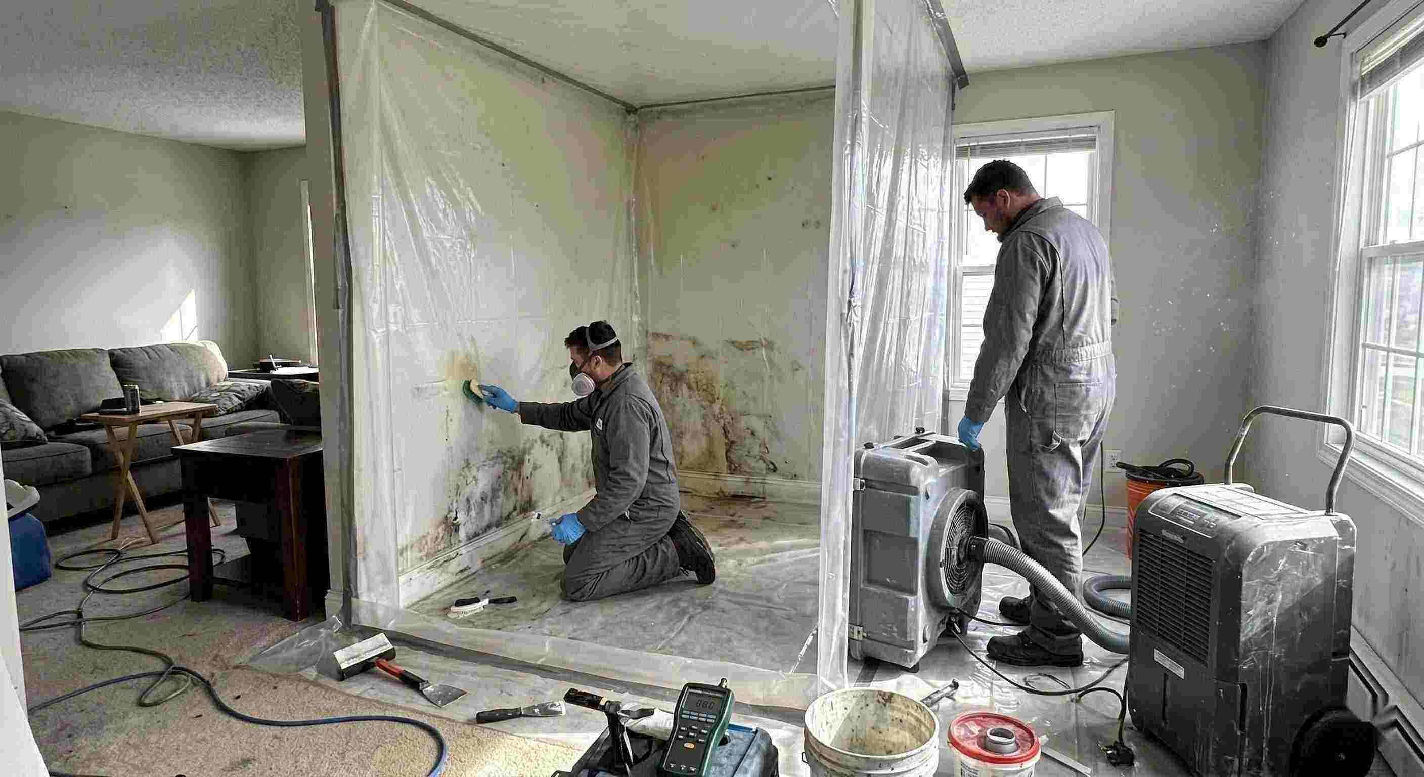 Technicians performing indoor mold removal in a residential home in Wichita, isolating damp areas and using HEPA air scrubbers and dehumidifiers.