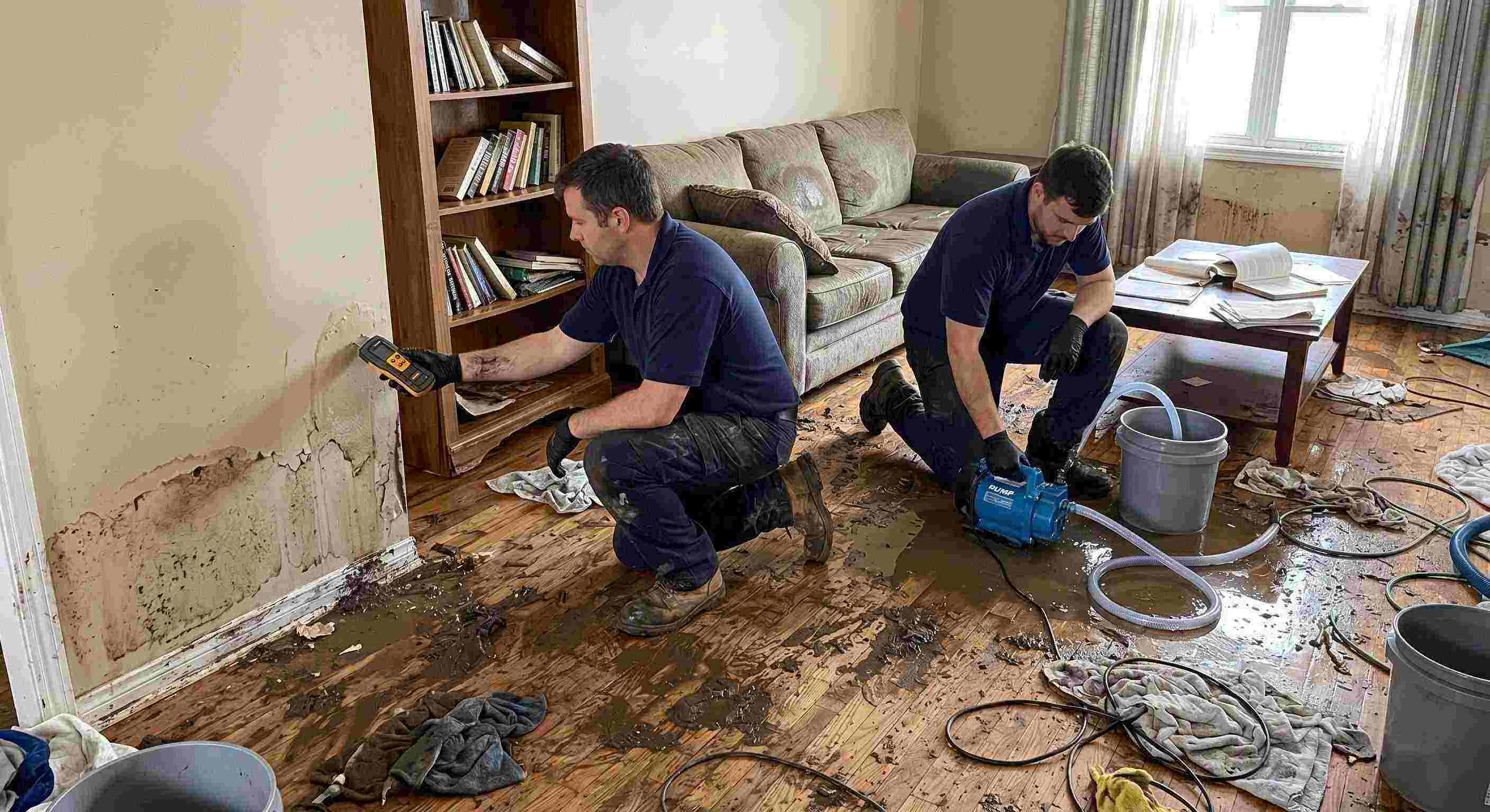 Realistic photo of a technician performing mud and debris removal after flooding in a home in Wichita, showing soaked floors, water-damaged furniture, and scattered cleaning equipment.