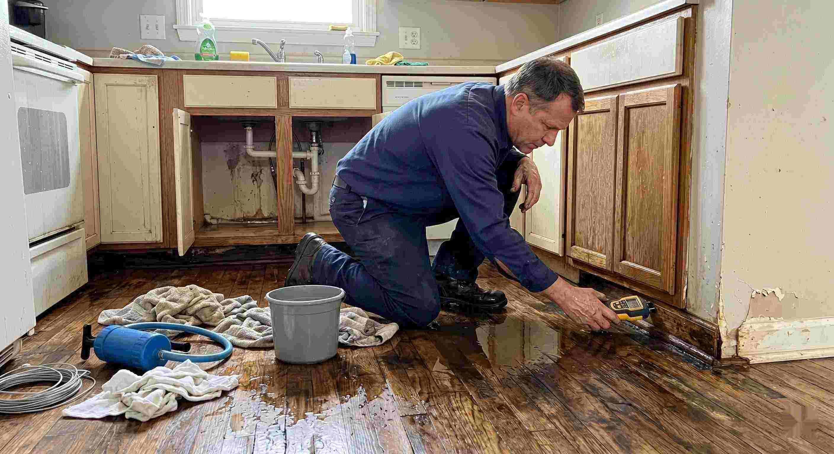 Technician performing pipe leak cleanup in a residential home in Wichita, inspecting water-damaged flooring and cabinets.