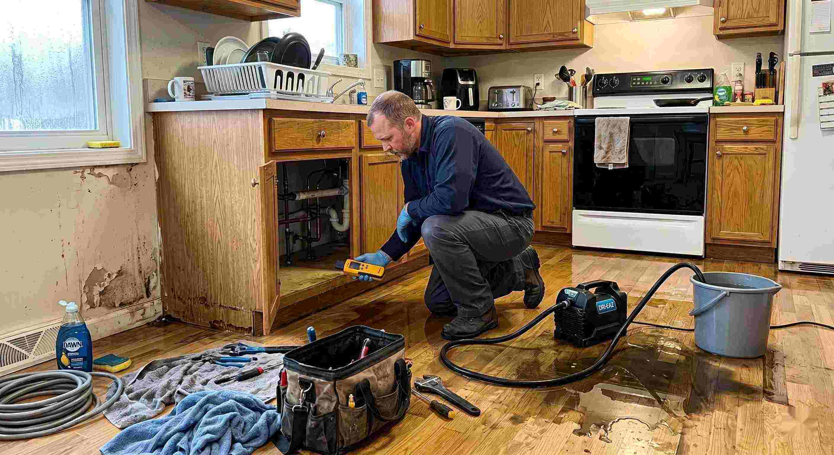 Pipe leak cleanup service in a residential kitchen showing water damage and a technician actively restoring the area in Wichita.