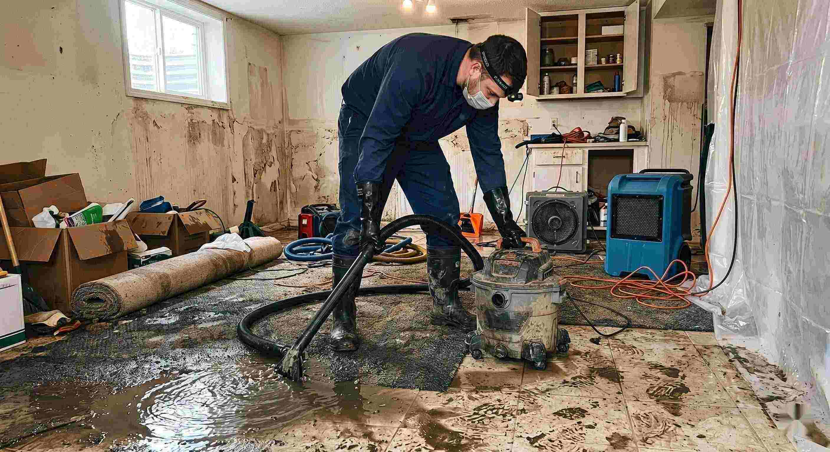 Action shot of a technician performing sewage backup cleanup in a residential home, showing water extraction and sanitation processes in Wichita.