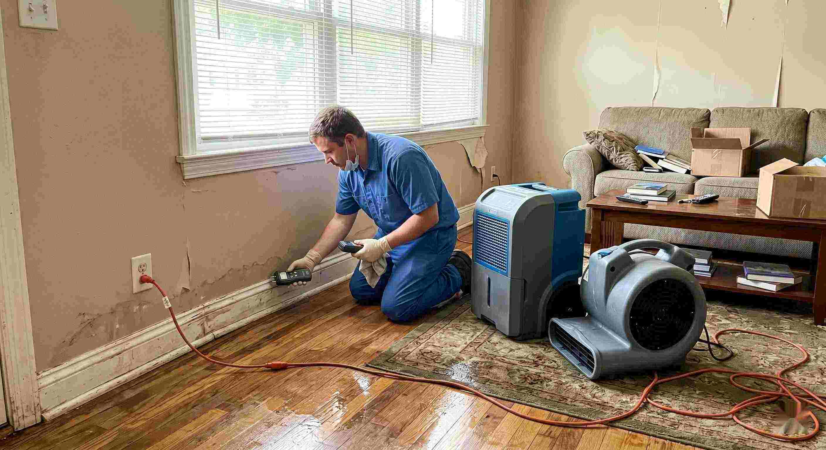 Technician performing rainwater intrusion cleanup in a flooded home in Wichita, showing wet floors, damp walls, and dehumidifiers in use.