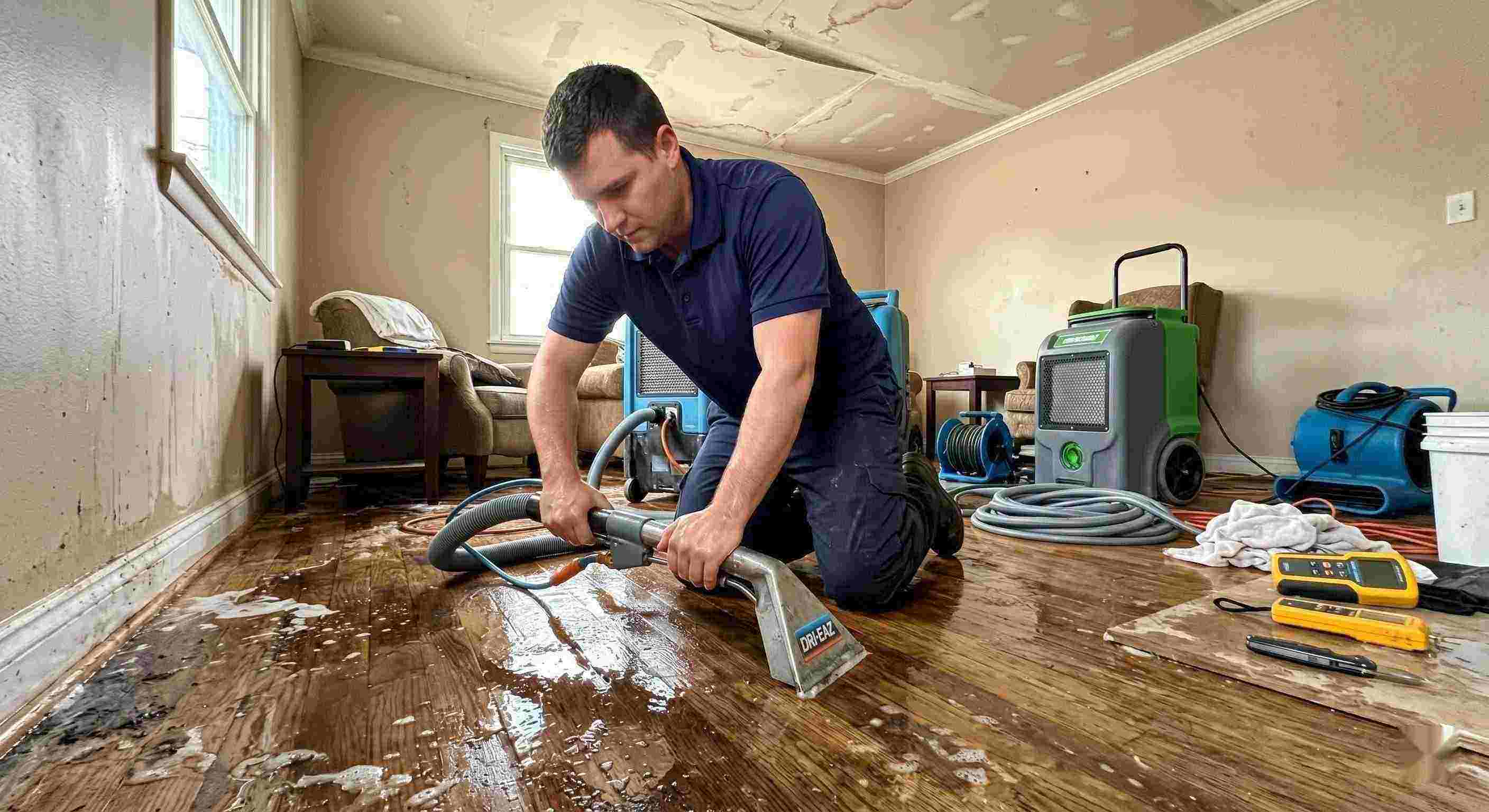 Action shot of a leak damage restoration technician performing water extraction and drying in a home in Wichita, showing realistic water damage and cleanup process.