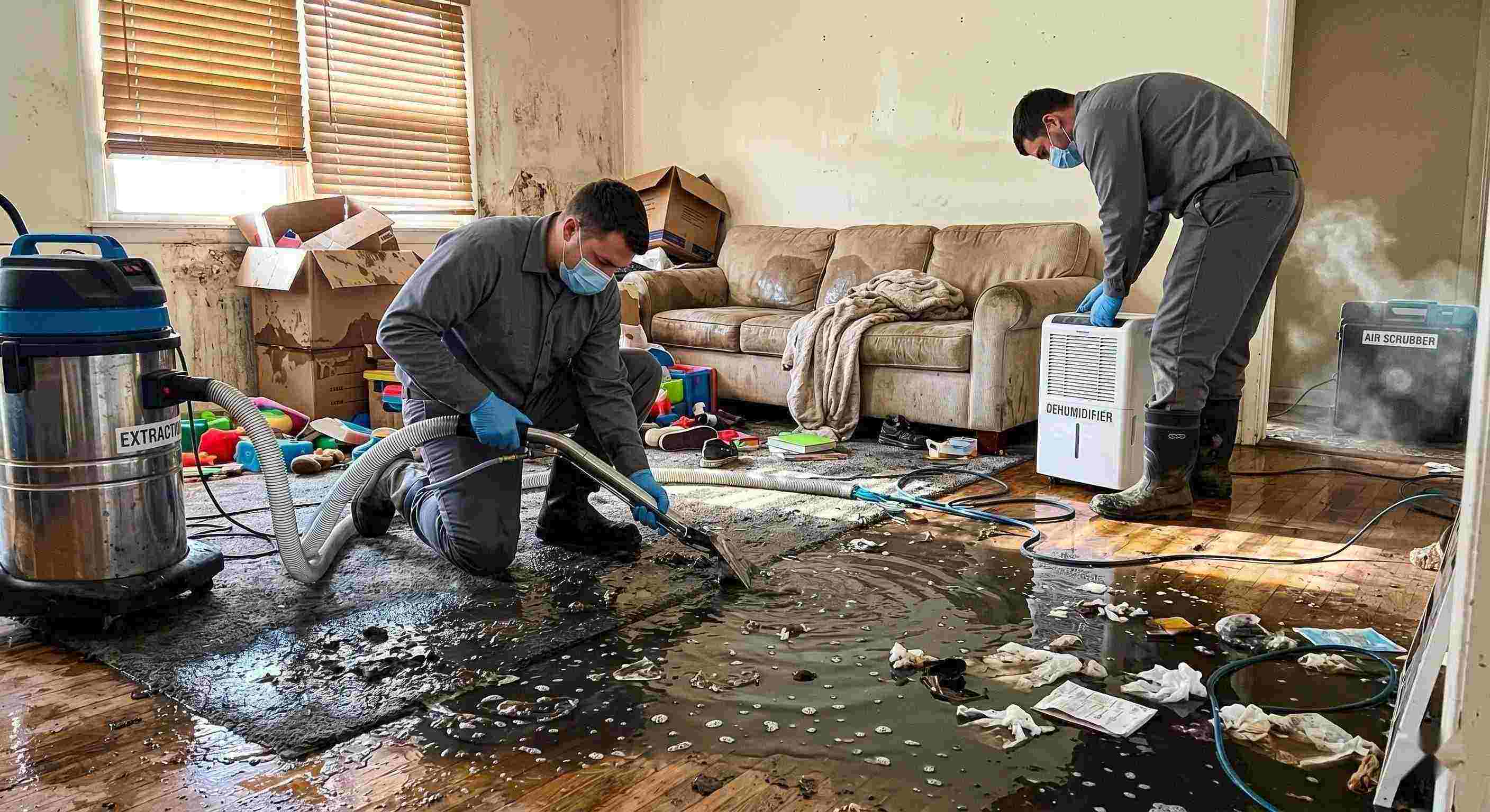 Realistic image of a residential sewage backup cleanup in progress, with technicians removing contaminated water and using drying equipment in a home in Wichita.