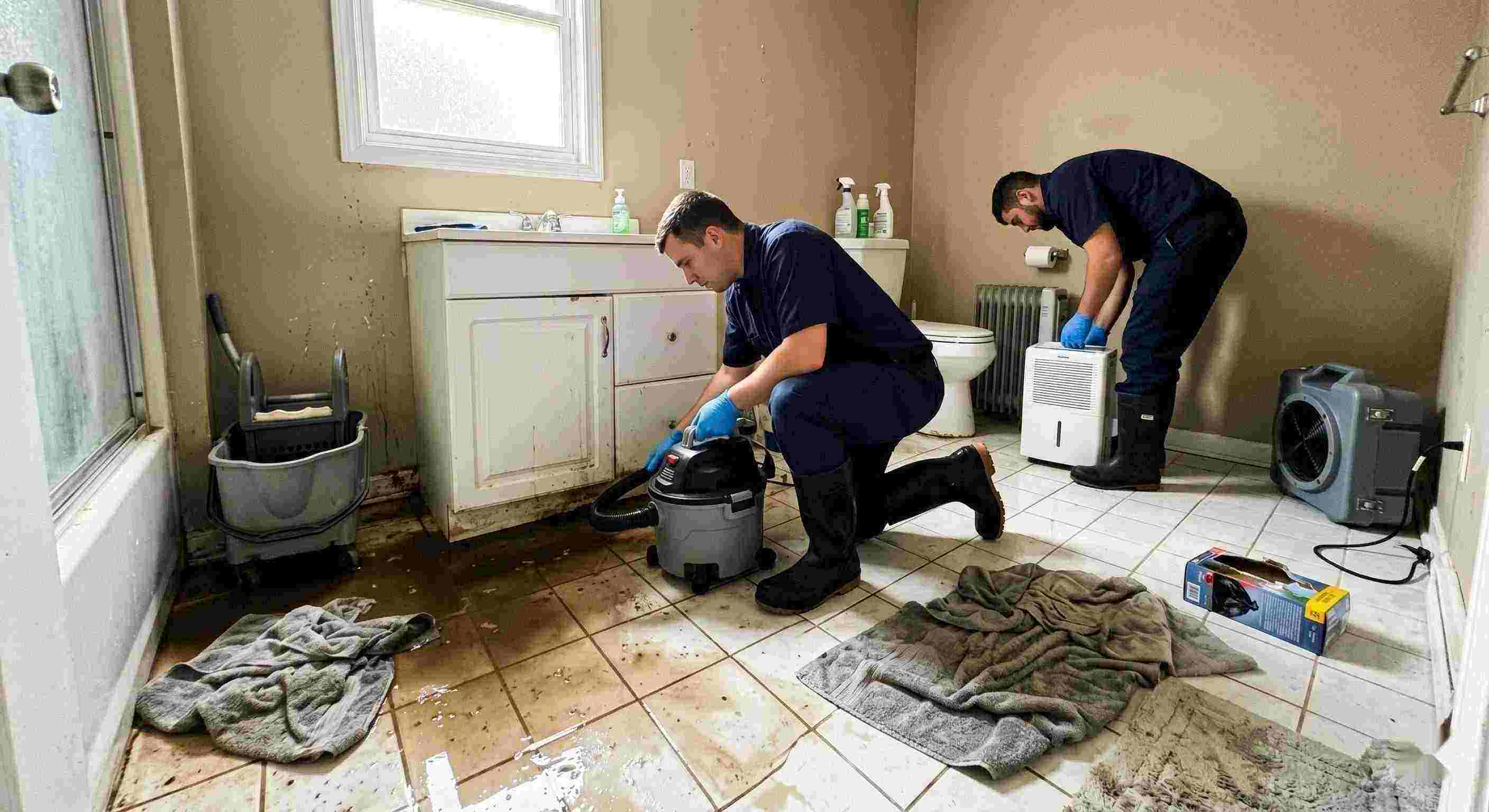 Realistic sewage backup cleanup in a home bathroom, technician extracting contaminated water during emergency sewage cleanup in Wichita