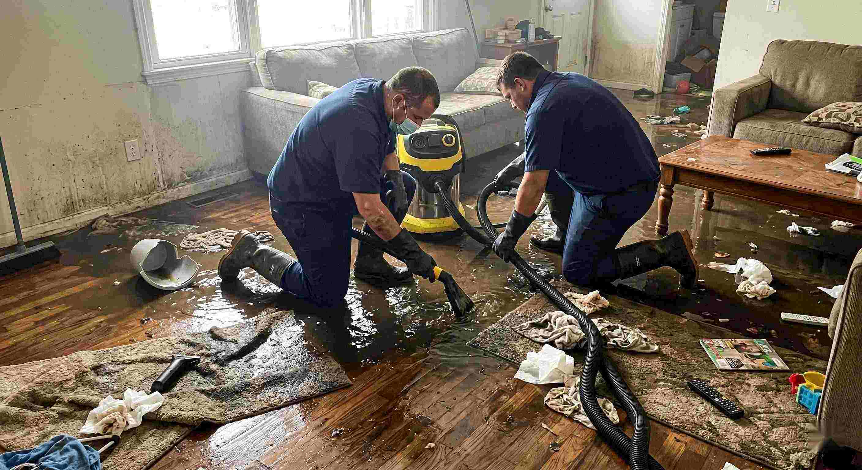 Realistic scene of sewage backup cleanup in a home showing technicians removing contaminated water in Wichita.