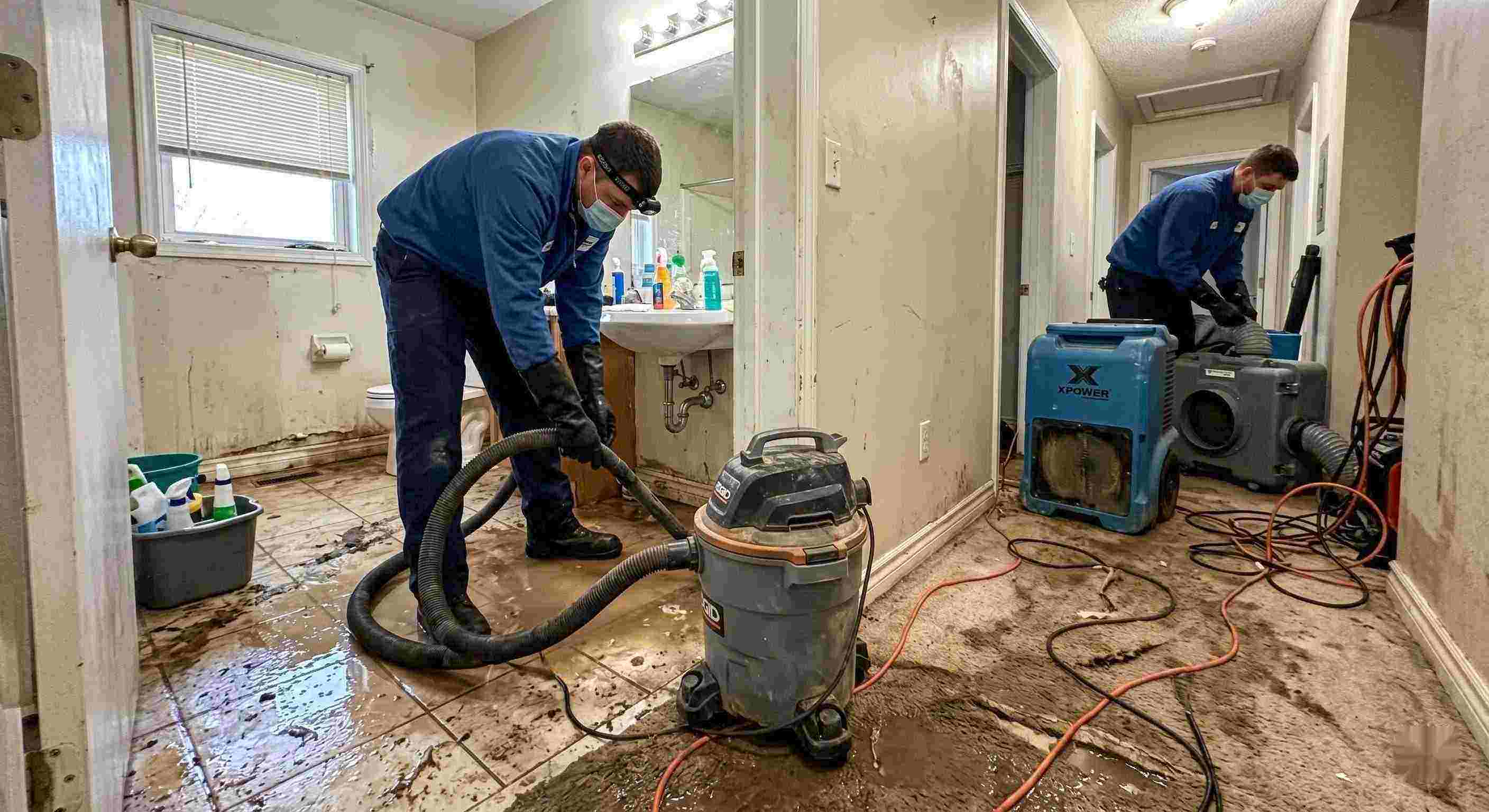 Sewage backup cleanup in a home with technicians removing contaminated water and drying surfaces in Wichita