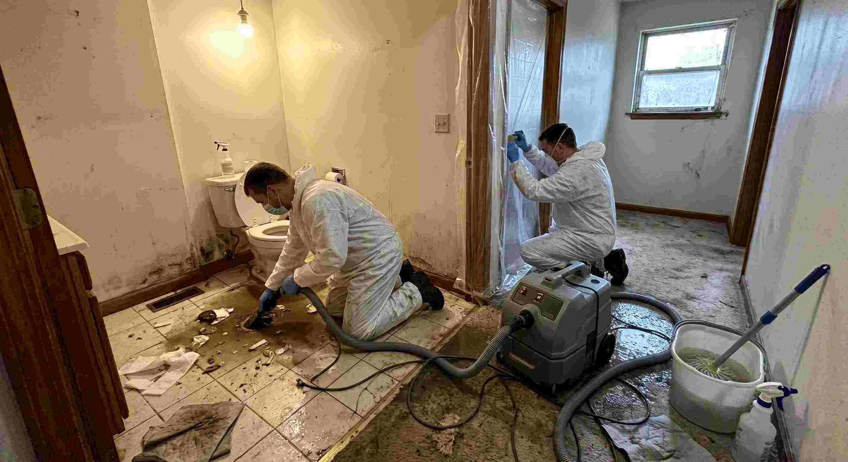 Professional sewage backup cleanup technicians removing contaminated water inside home in Kansas City