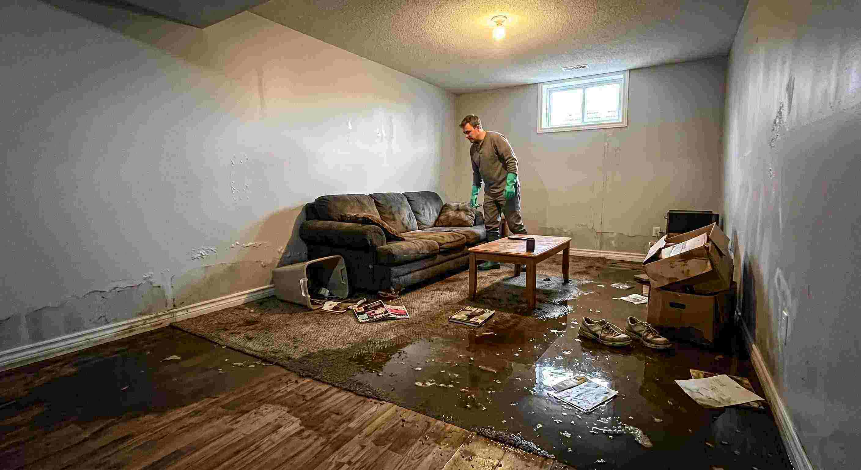 severe sewage backup damage spreading across basement floors and walls in Wichita home