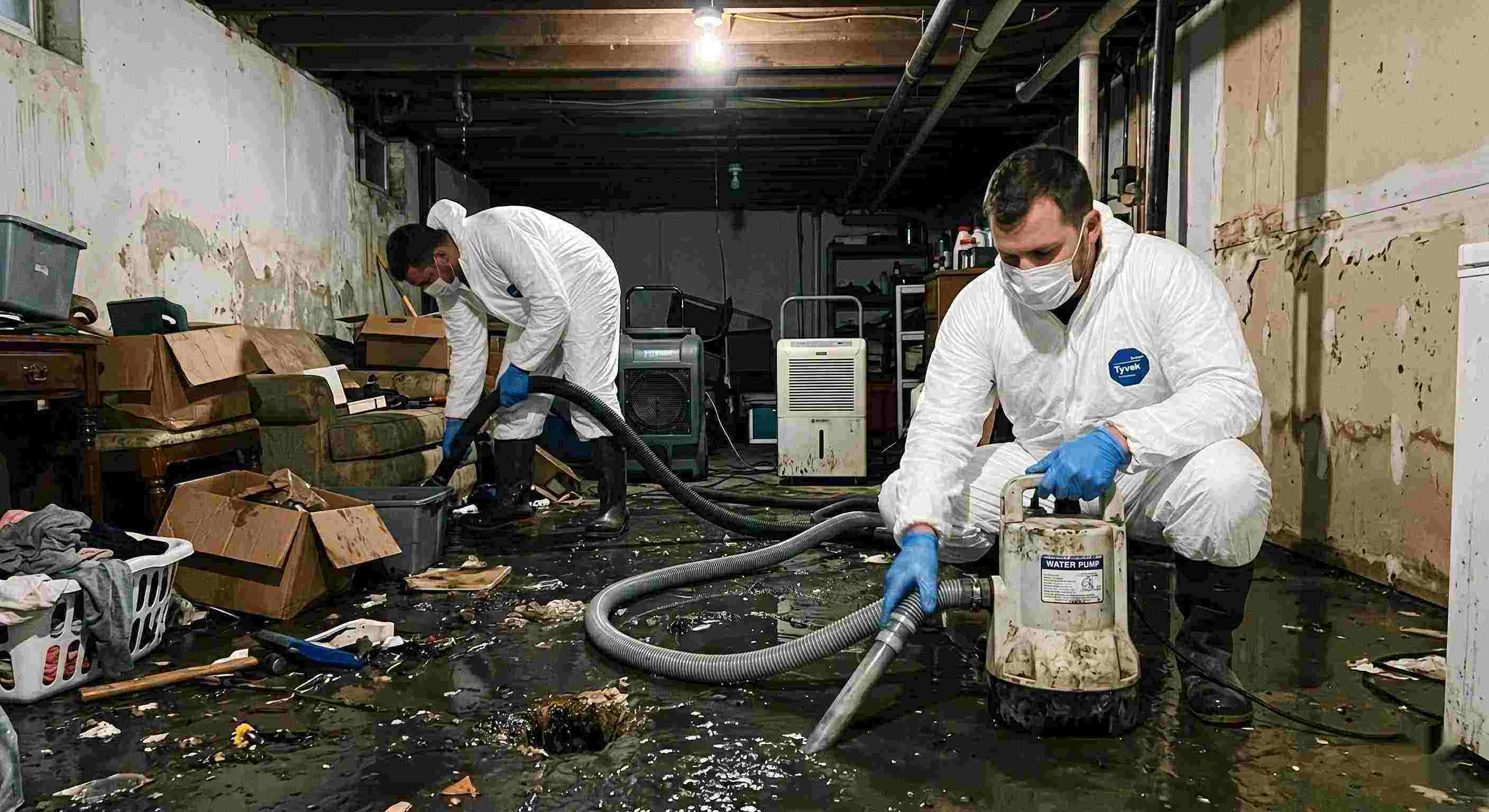 sewer backup cleanup technicians removing contaminated water from flooded basement in Wichita