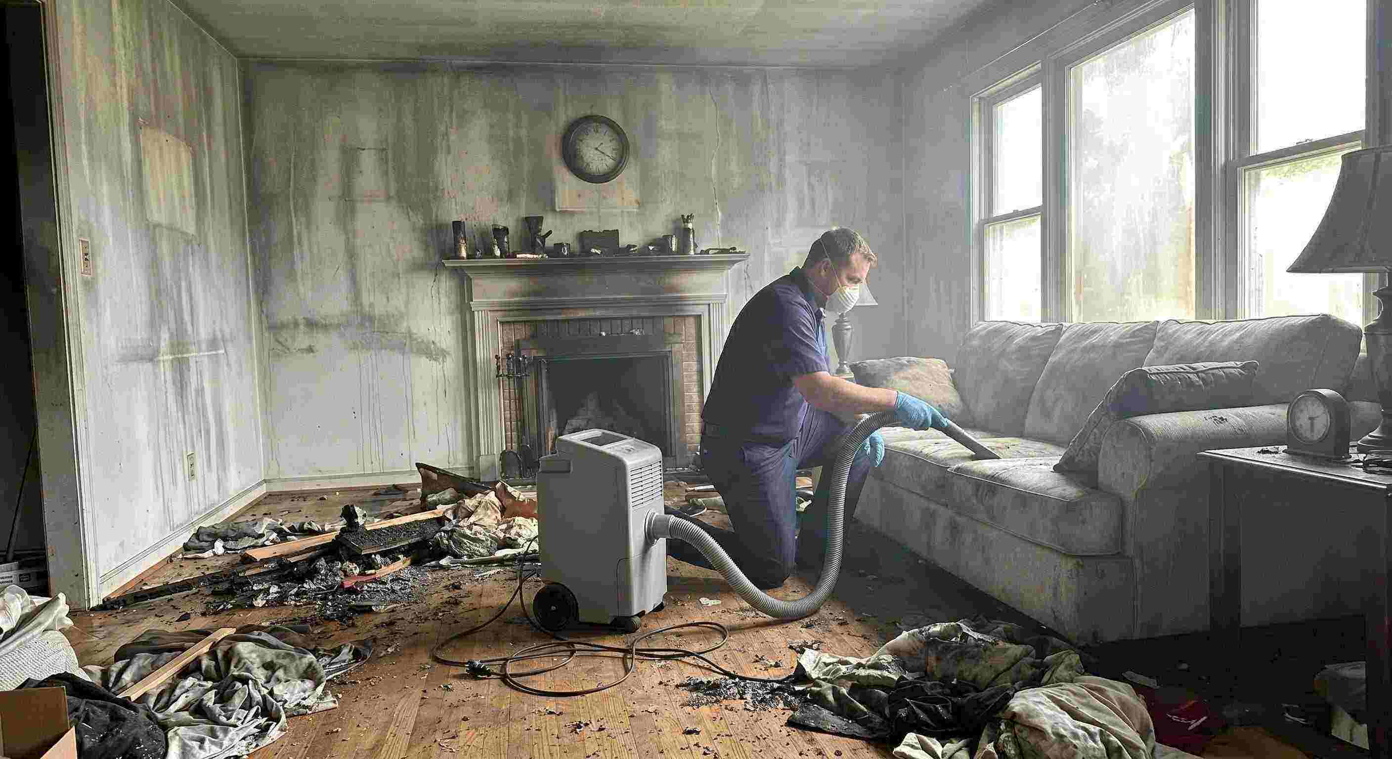 Realistic post-fire smoke damage removal in a home with soot-covered walls and debris being cleaned by a technician in Wichita.