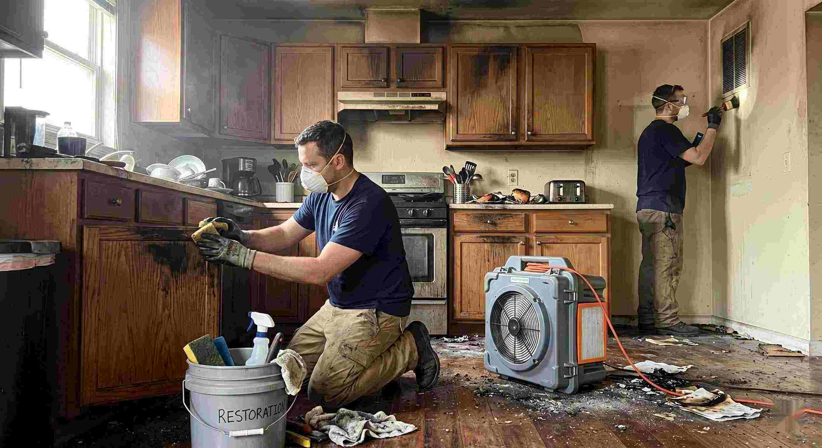 Technicians performing smoke damage removal in a home in Wichita after a kitchen fire, cleaning soot and restoring indoor air quality.