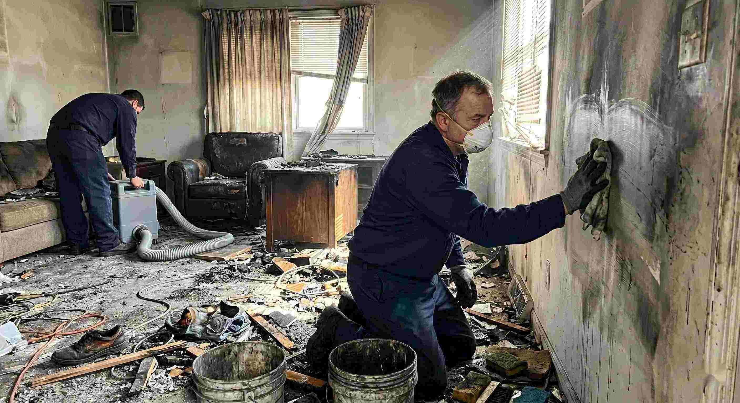 Technician performing soot removal in a fire-damaged home in Wichita, carefully cleaning walls and surfaces covered in smoke residue and ash