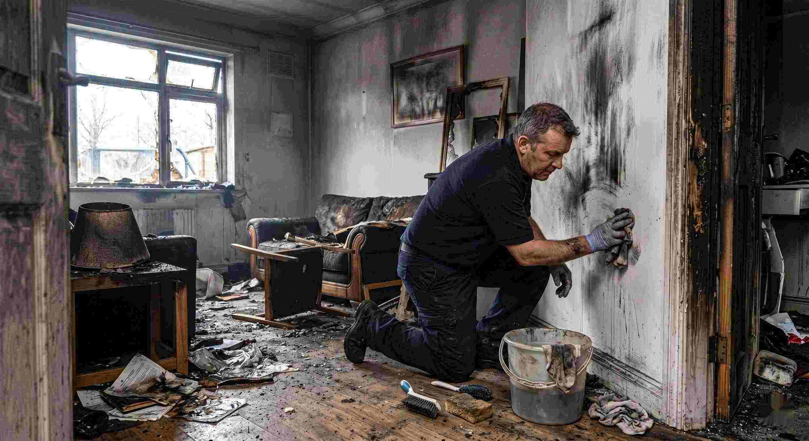 Technician performing soot removal in a fire-damaged home in Wichita, restoring smoke-damaged walls and surfaces.
